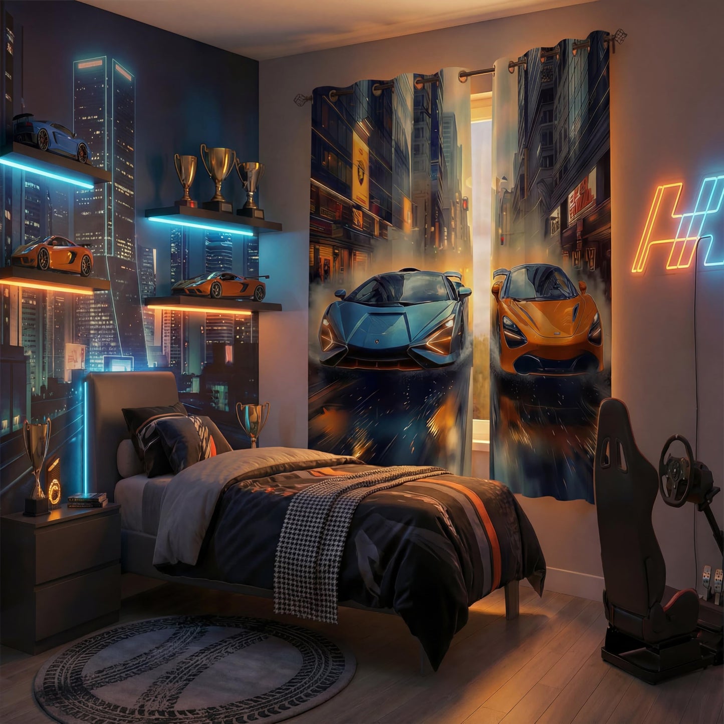 terxgrl Race Car Blackout Curtains for Boys Room, Racing Sports Car Window Drapes for Kids Bedroom, Blue Orange Supercar Darkening Curtains for Teen Gamer Room, 42 x 45 Inch