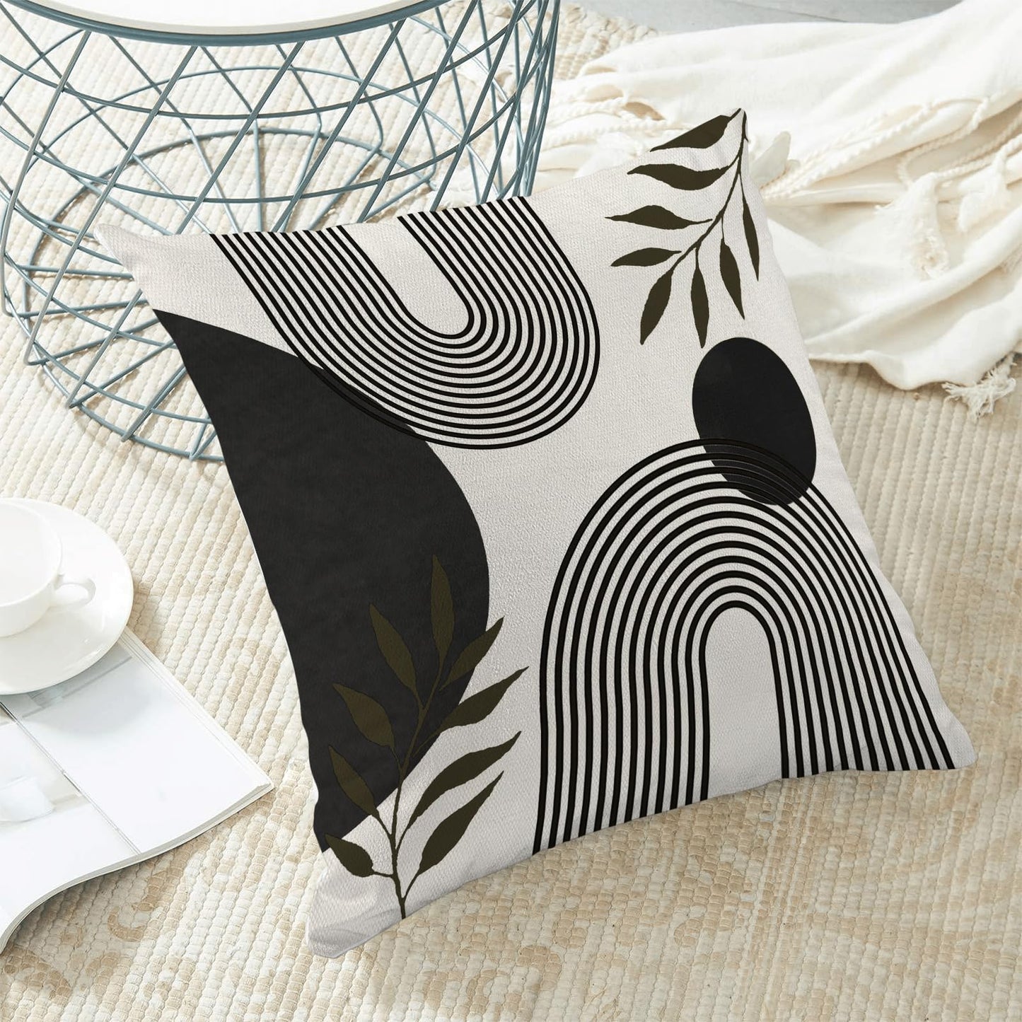 BETGINY Boho Summer Pillow Covers 20x20 Inch 2 Pcs, Black and Tropical Leaf Outdoor Decorative Throw Pillows, Mid Century Abstract Art Farmhouse Decor Pillowcase Linen Cushion Cover for Couch Sofa