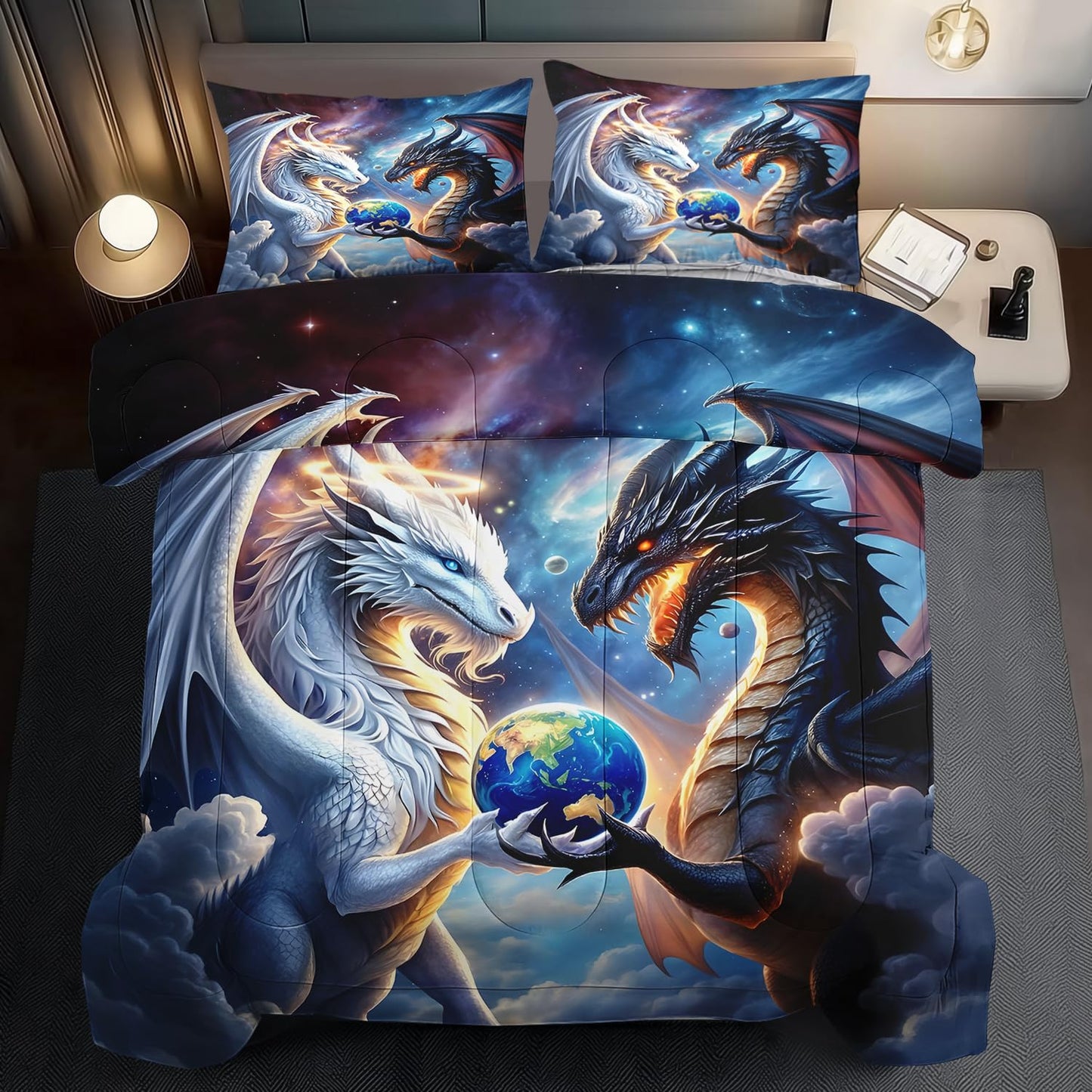 llyxsesty Black White Dragon Comforter Set King Boys Flame Ancient Mysterious Creatures Fantasy Dragon Bedding Set Boys GirlsWhite and Black Comforter King Size Animals Quilt Room Decor
