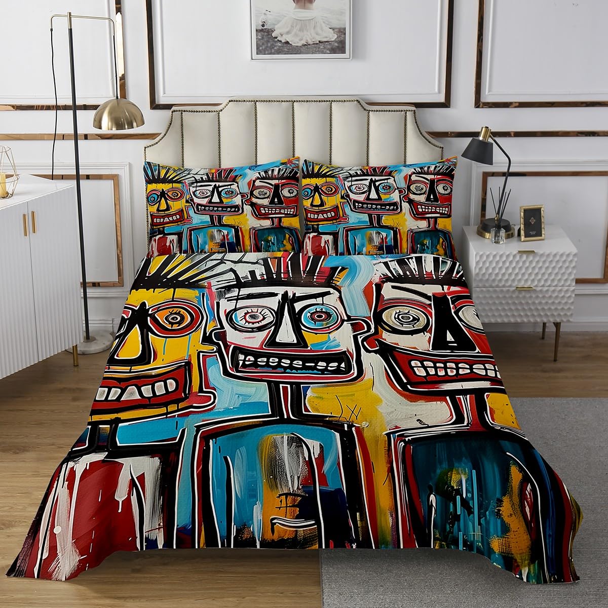 Homewish Abstract Graffiti Bedding Sets King Size,Street Art Bedspread 3Pcs for Kids Girls Boys Adult Room Decor,Red Blue Yellow Quilt Comforter Retro Hippie Style Coverlet,2 Pillowcases