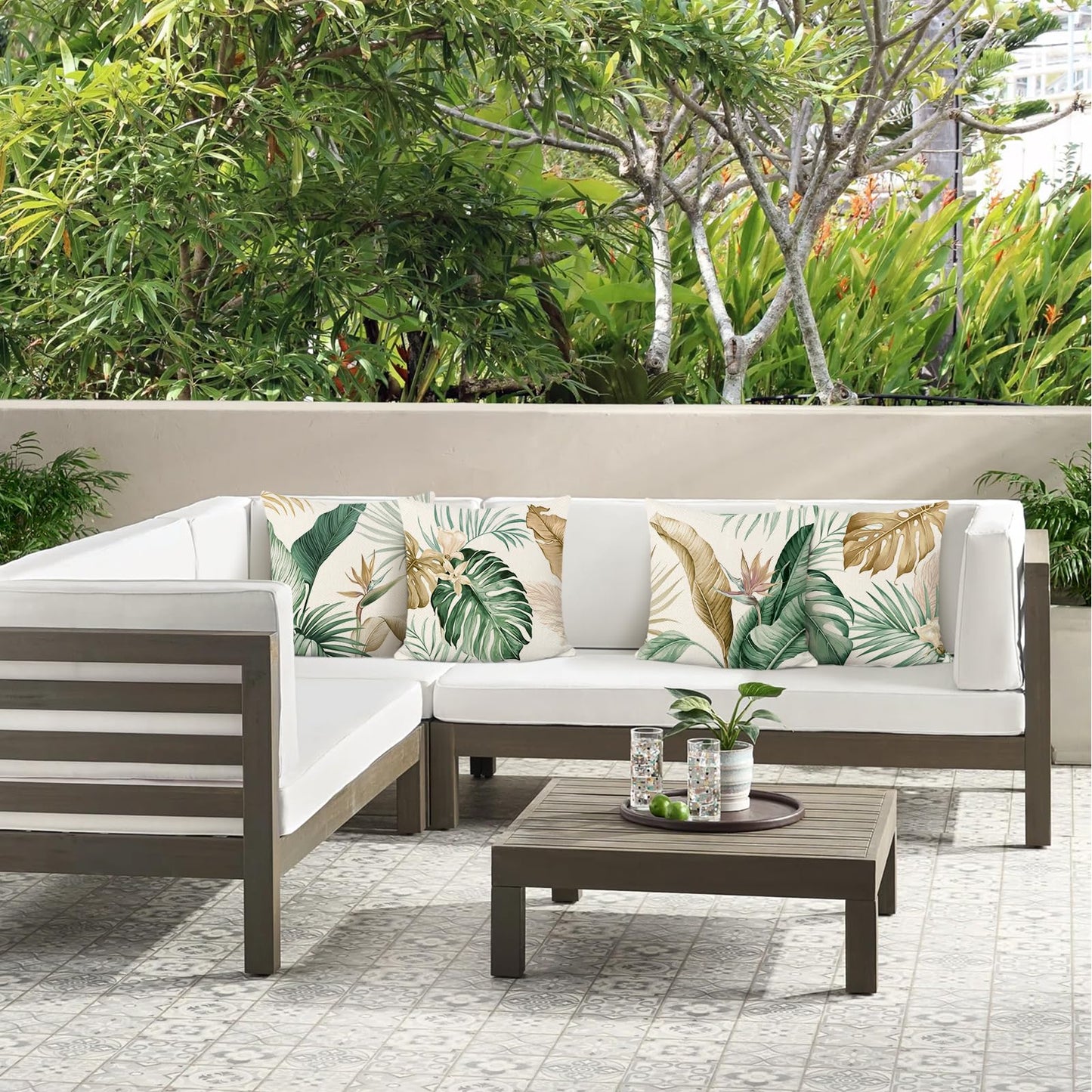 Bonhause Tropical Leaves Throw Pillow Covers 18 x 18 Inch Green Brown Leaf Decorative Pillow Cases Polyester Linen Outdoor Cushion Covers for Sofa Bed Home Decor Set of 4