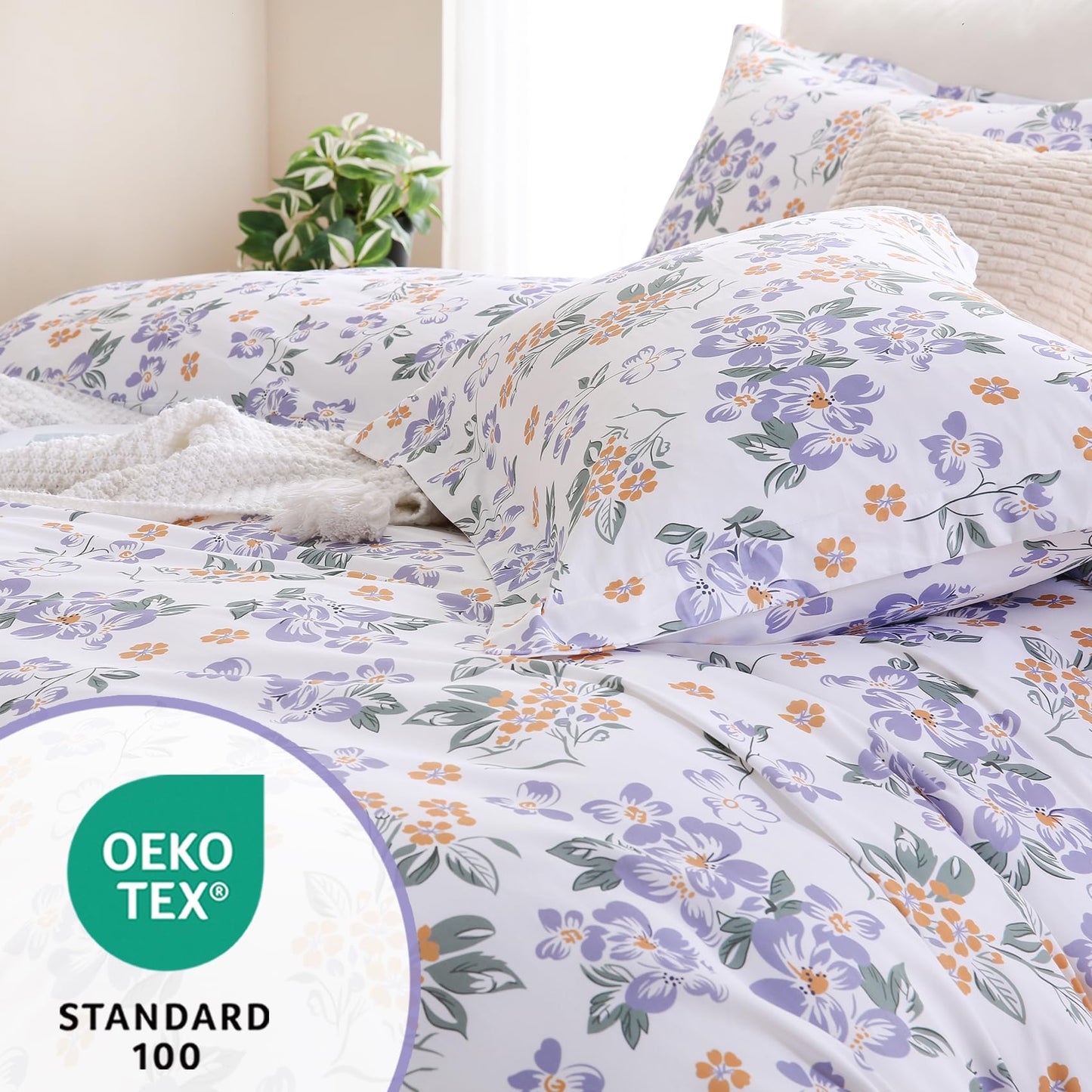Ocharo Purple Floral 100% Cotton Duvet Cover King Size,Reversible Modern Orange Floral Bedding Set Cotton with Zipper Closure,Soft 3 Pieces Chic Abstract Flowers Comforter Cover with 2 Pillow Shams
