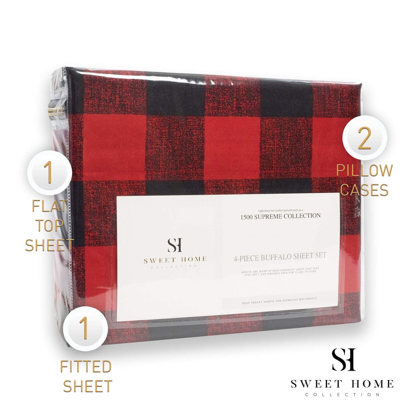 1500 Supreme Collection Buffalo Print Sheet Set, Queen Size - Luxury Bed Sheets Set with Deep Pocket Wrinkle Free Bedding, Queen, Burgundy/Black Buffalo Print