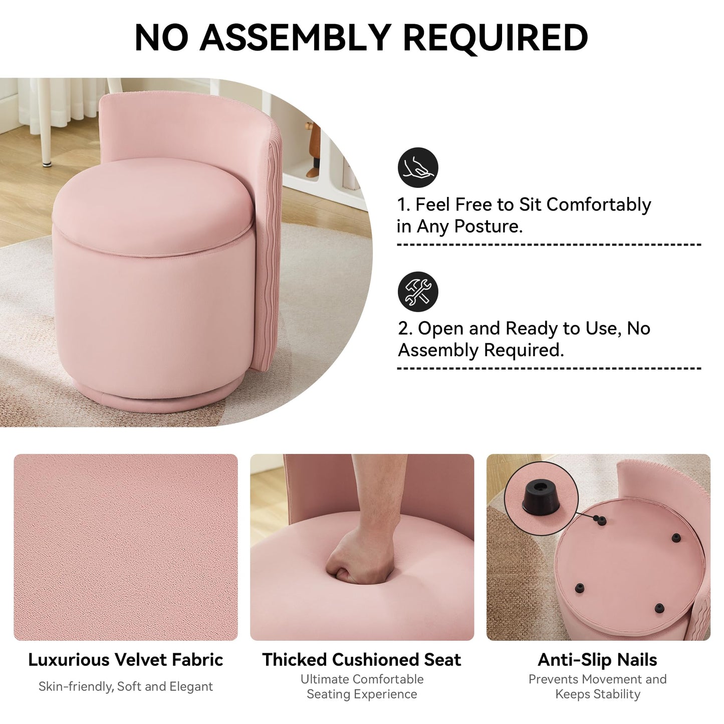 WUTUTUEE Velvet Vanity Chair with Storage, 360° Swivel Makeup Chair with Wave Back, No Assembly Small Accent Stool for Bedroom, Dressing, Living Room, Pink