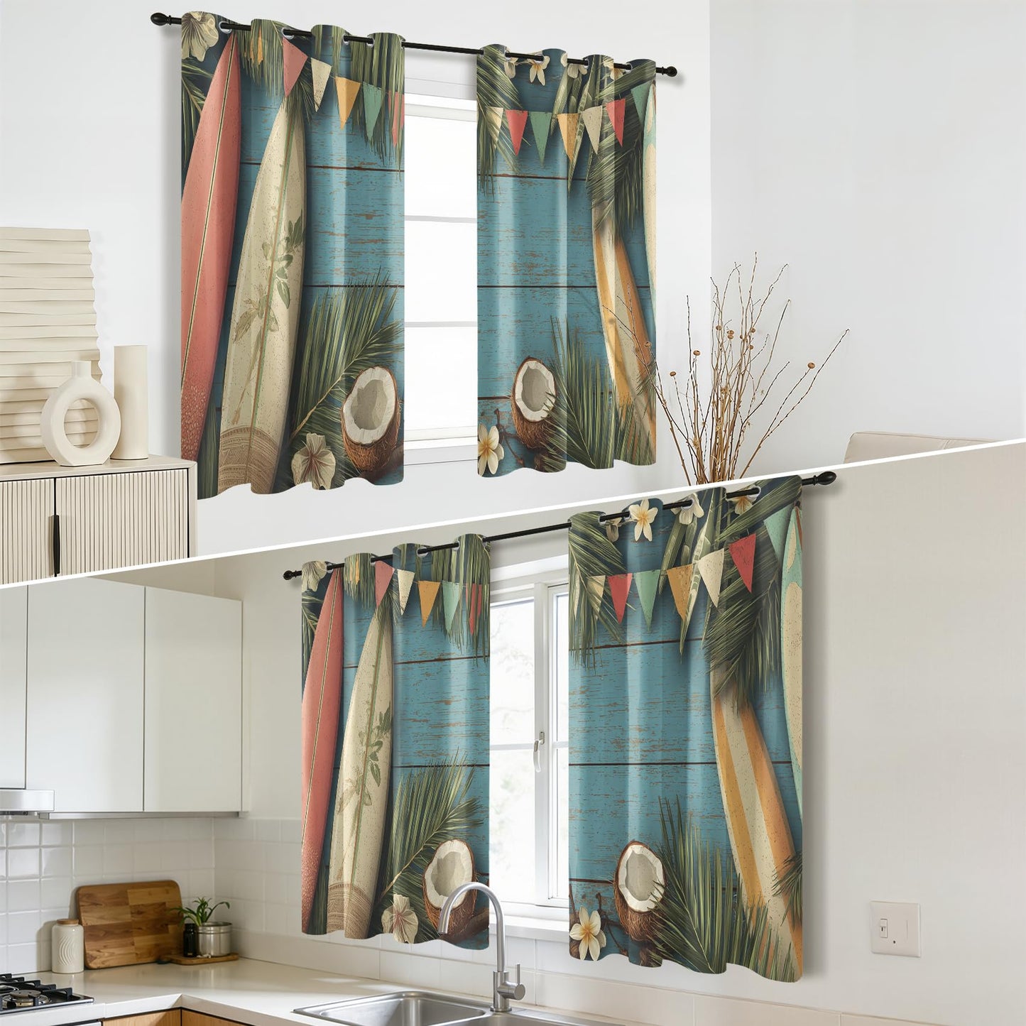 Solvivae Tropical Coastal Blackout Curtains for Bedroom Living Room, Beach Palm Hawaiian Patterned Window Treatments, Room Darkening Thermal Insulated Grommet Drapes, 63 Inch Curtains 2 Panel Set