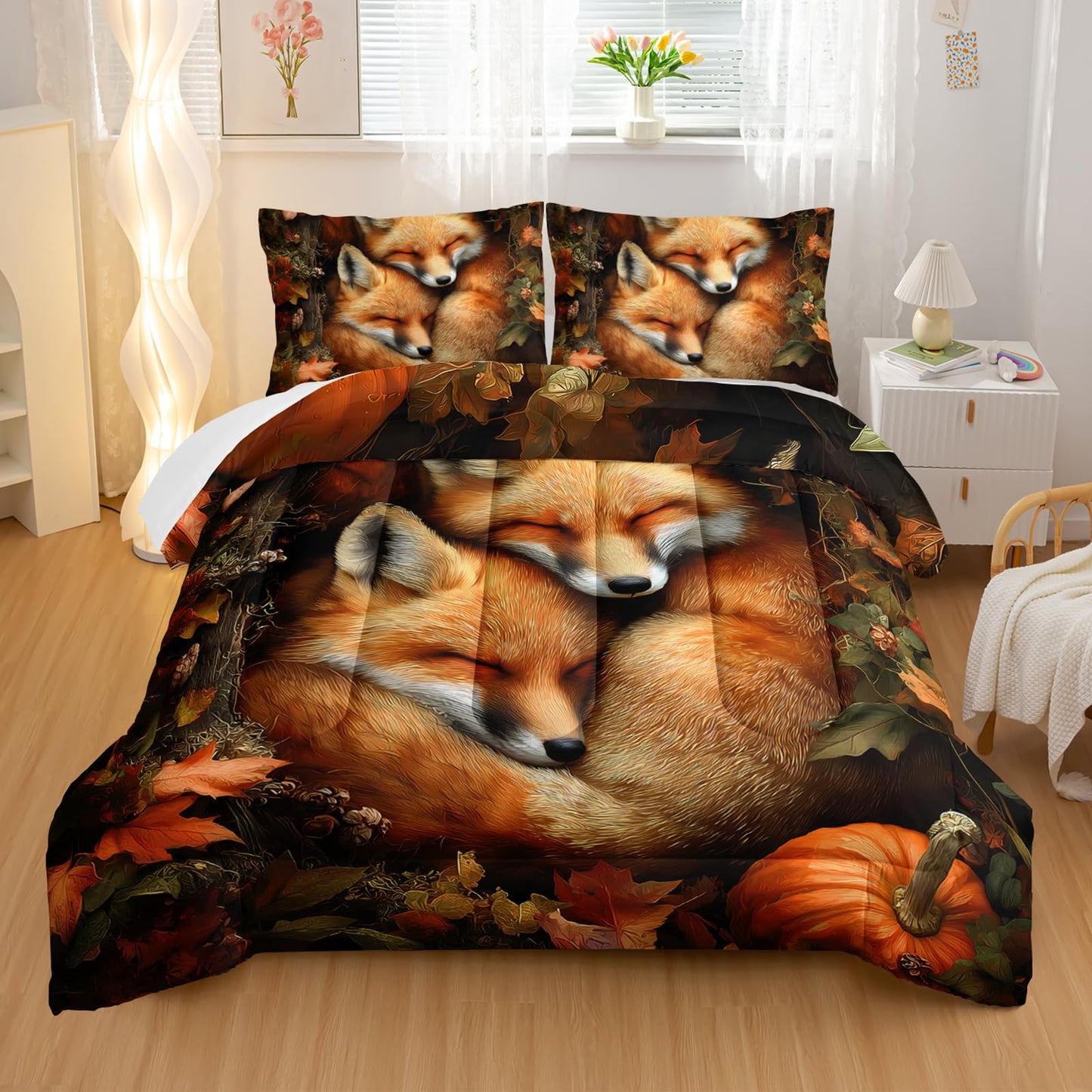 Nttopship Fox Comforter Set 3-Pieces Full Size,Cute Foxes Bedding Set for Kids Boys Girls Cute Animal Comforter Wildlife Quilt Set 3D Animal Plants Leaves Printed ThemeComforter with 2 Pillowcases