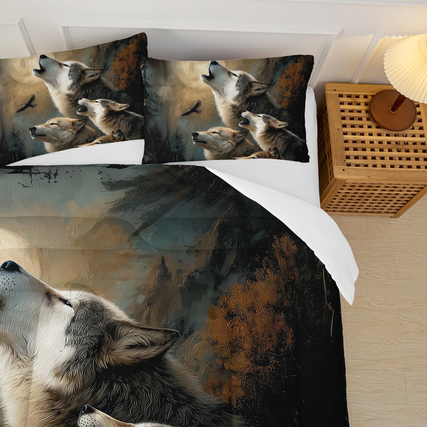 lneffble Wolf Comforter Set Twin for Kids Boys Girls,Howling Wolves Comforter Set,Eagle and Wolf Night Moon Forest Bedding Set, Wild Animals Quilt Set for Bedroom Decor,All Seasons