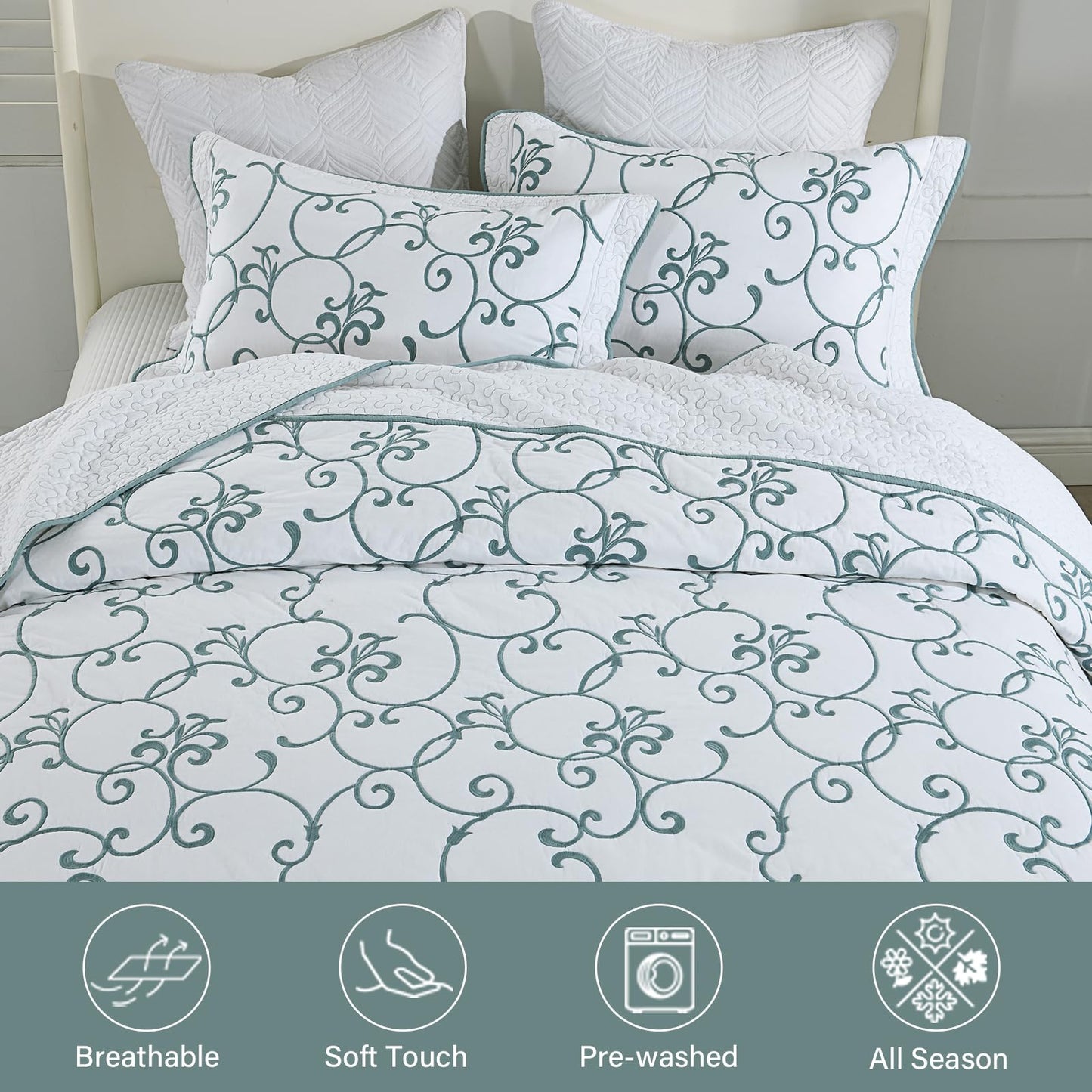 Finlonte Oversized King Bedspread 120"x120" - 100% Cotton Vine Embroidery King/Cal King Quilted Bedspread, White Bedspread Coverlet Blue Vine, Lightweight Extra Large Quilt Set with 2 Pillowshams