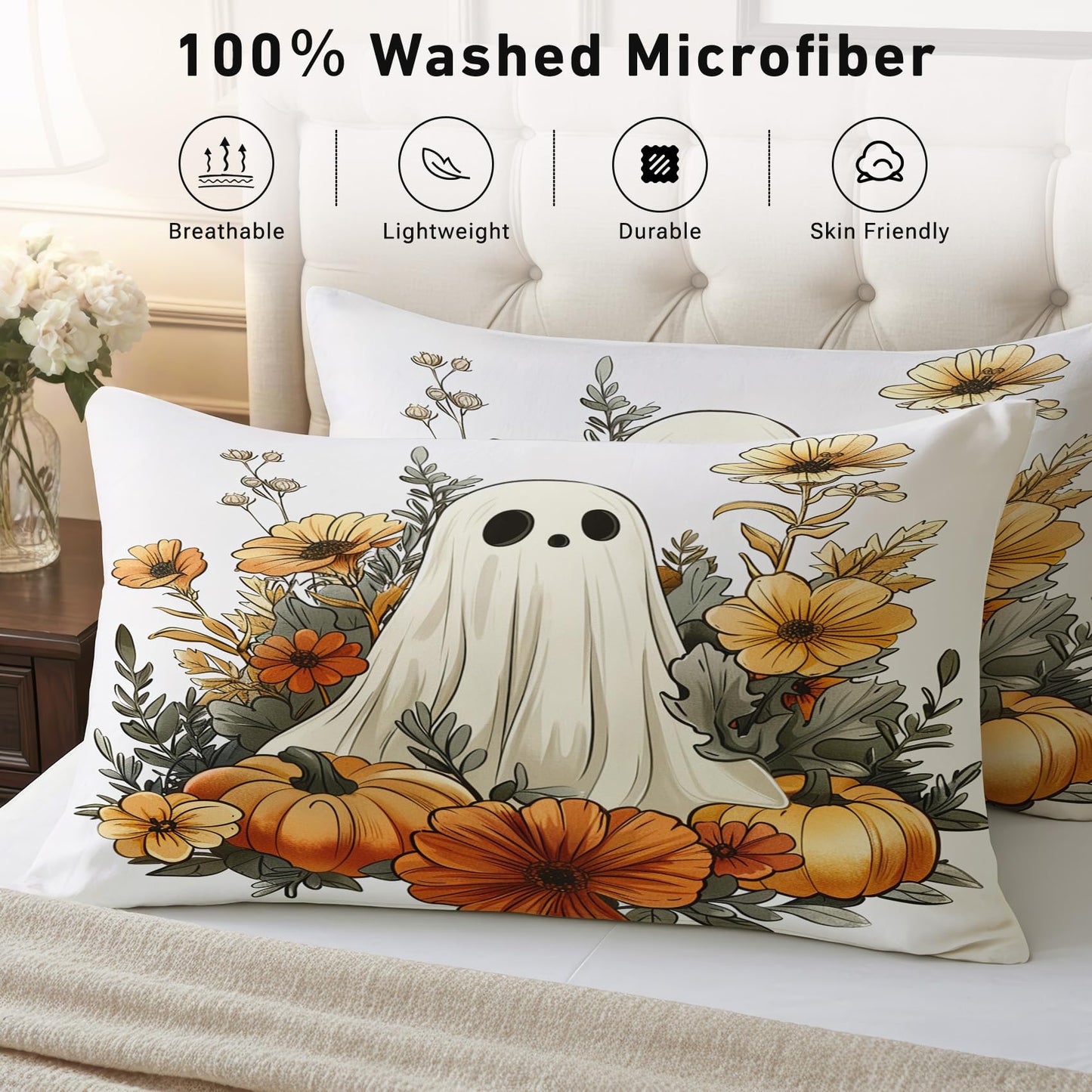 Halloween Sheets Twin Size - Autumn Ghost Pumpkin Bed Sheet Set - Deep Pocket Soft Microfiber Bedding Set 3 Piece - Fitted Flat Sheet Pillowcase - Halloween Bedroom Decor & Gifts