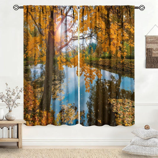 Tificats Autumn Maple Lake Curtains, Golden Yellow Fall Leaves Reflection Pond Landscape Printed Blackout Window Drapes for Bedroom Living Room Kitchen21 W x 45" L (Pack of 2)
