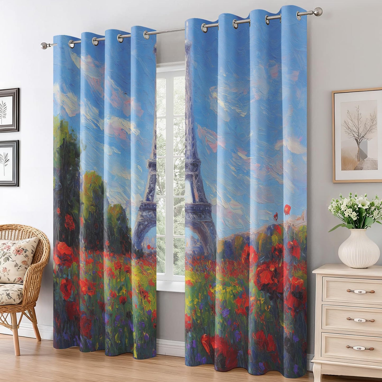 95% Blackout Eiffel Tower Curtains - Paris Wildflower Curtains for Bedroom Living Room Decor, Oil Painting Home Decor, Thermal Grommet Black Out Drapes 108 Inches Long 2 Panel Set X64