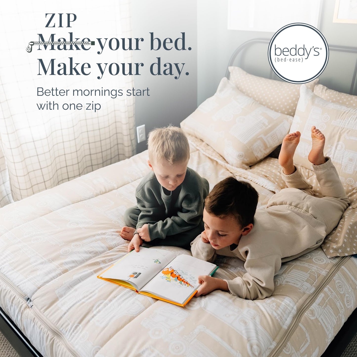 Beddy's Mack Trucks Theme Durable Zipper Bedding for Kids - Bed in a Bag - Tan Sheets & Comforter with Construction Trucks & Cars - Includes Pillowcase & Sham - Easy to Make & Wash - Twin