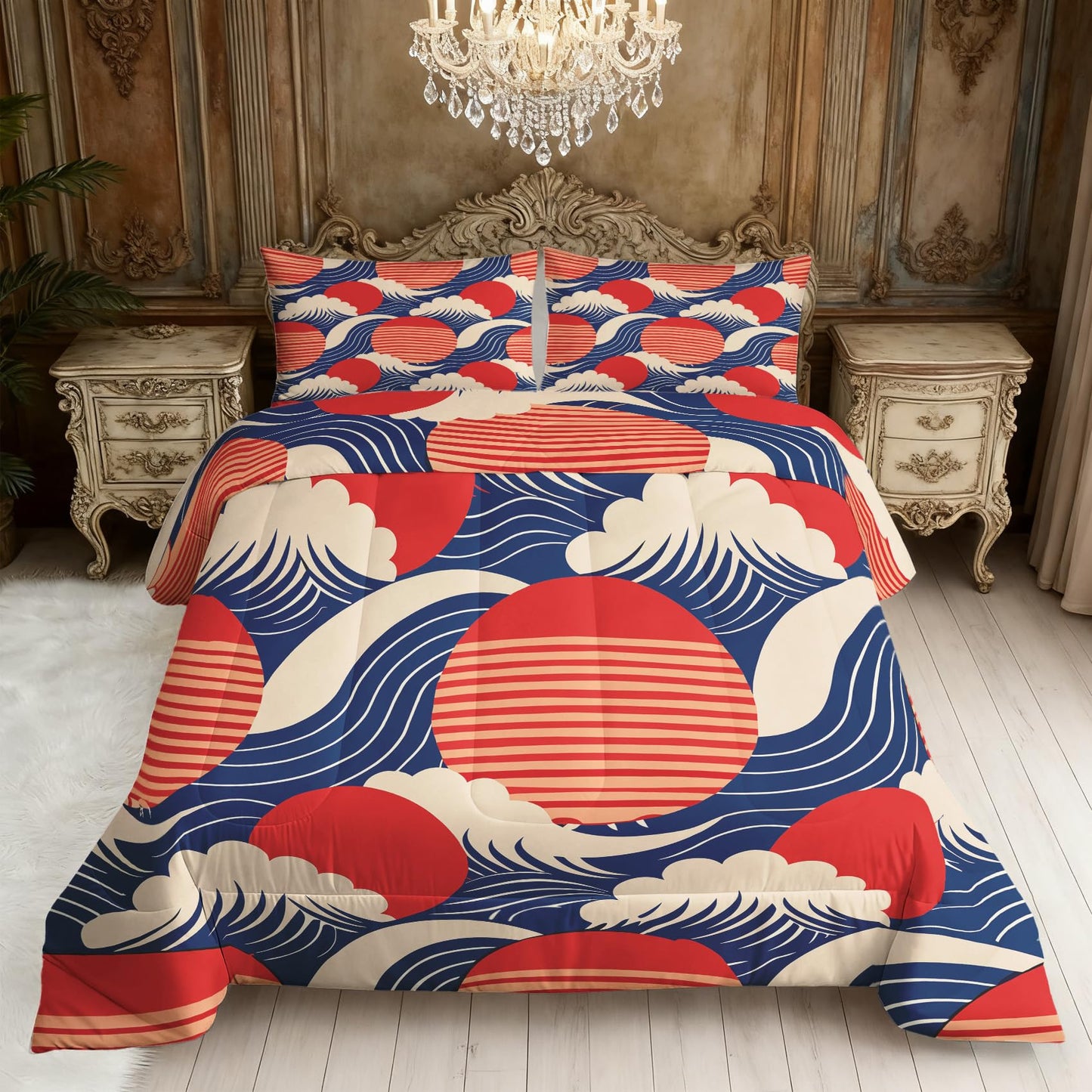 ZDABAOEC Japanese Wave Twin Comforter Set 2 Piece, 1 Pillow Sham, Asian Oriental Japan Style Reversible Down Alternative All Season Bedding, Soft Microfiber, Japanese Wave Bedroom Decor