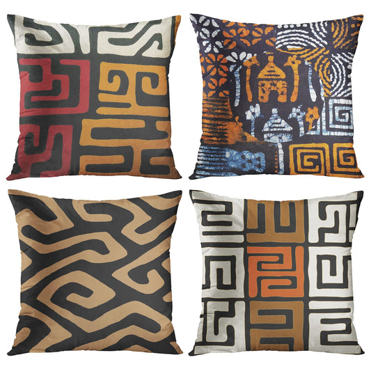 ArtSocket Set of 4 Throw Pillow Covers Orange Tribal Kuba Inspired Earth Colors Geometric Ethnic Black Brown Mud African Decorative Pillow Cases Home Decor Square 18x18 Inches Pillowcases
