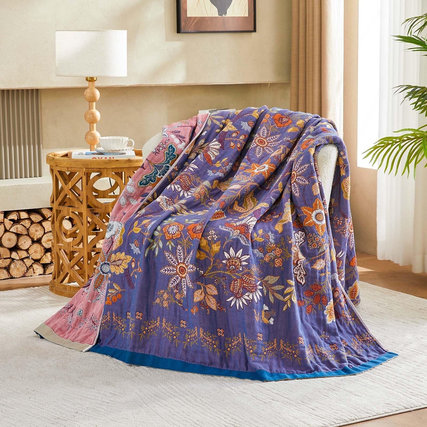 XIBLC Boho Blanket, 100% Cotton Farmhouse Decorative Throw Blanket, 60"x80" Reversible Bohemian Throw Blanket, Purple All Season Muslin Breathable Woven Blankets Quilt