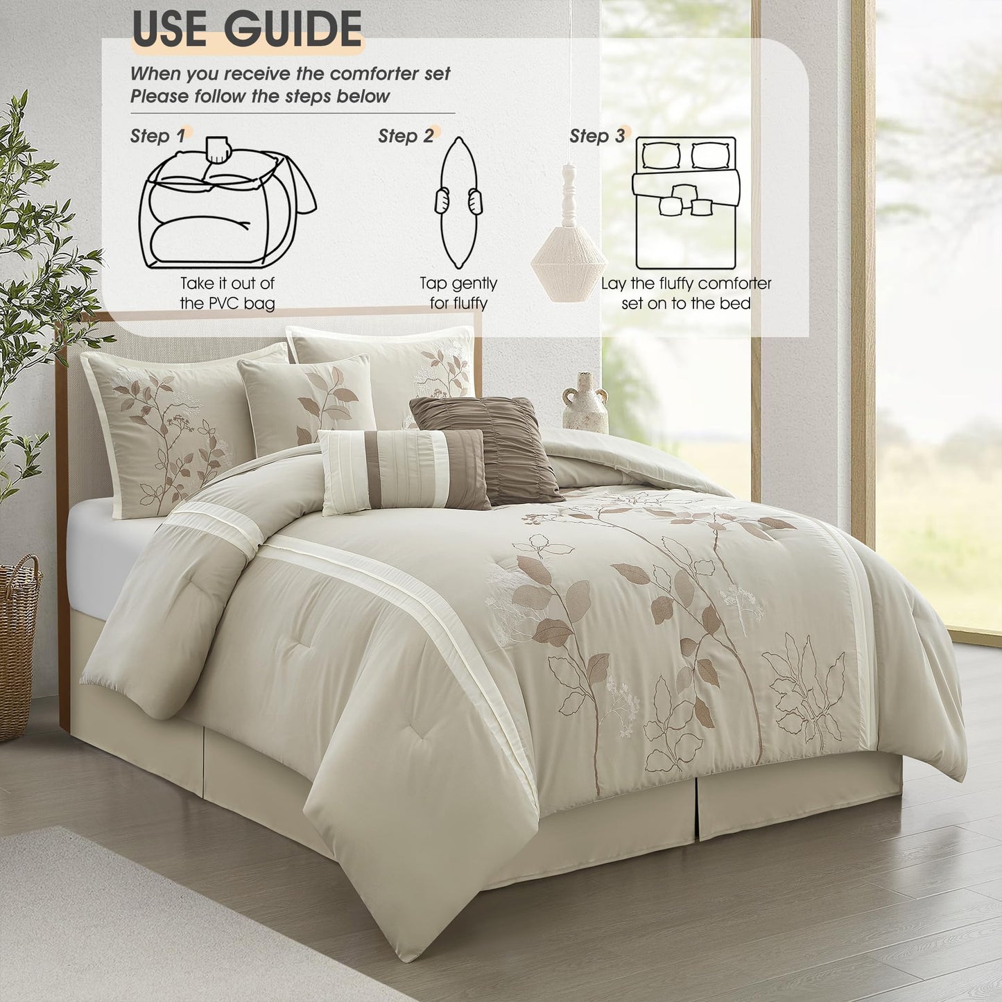 LANCO MODERN LIFESTYLE Beige Queen Comforter Set, 7 Pieces Bed in a Bag, Elegant Floral Leaves Embroidery, Soft and Lightweight All Seasons Bedding Set, Bedskirt, Pillow Shams, Decor Pillows