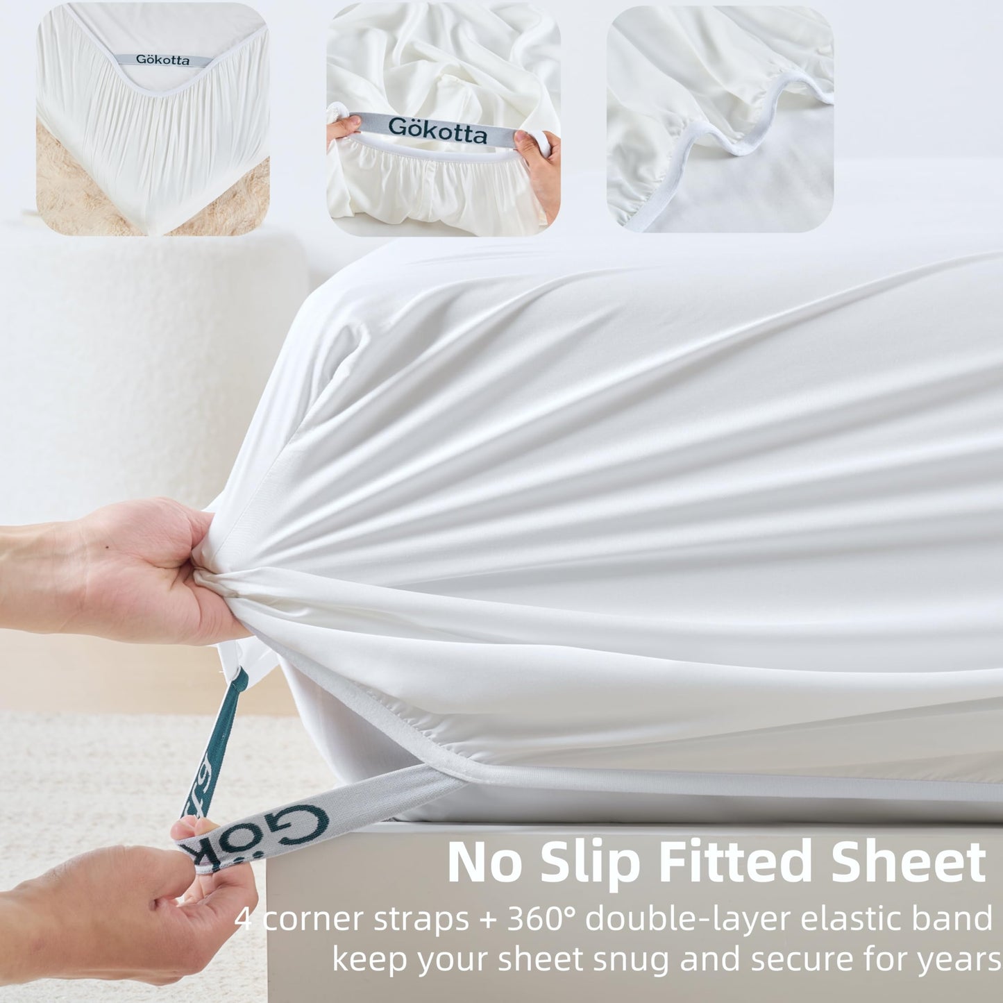 GOKOTTA Fitted Sheet King Only,100% Rayon Derived from Bamboo Fitted Sheet,Ultra Soft,Cooling and Breathable Bottom Sheet with 4 Elastic Corner Straps,No Slip,No Pilling,16" Deep Pocket-Bright White