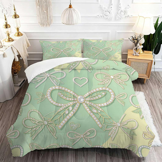 DJNEAR Green Bow Comforter Set, Rhinestone Bow Bedding Set for Girls Teens Women, Elegant Aesthetic Soft Microfiber All Season for Romantic Bedroom Decorwith 1 Comforter 1 Pillowcase, Twin Size