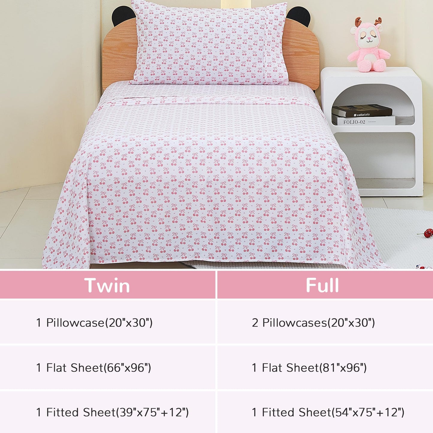 Viviland 3 Pieces Girls Pink Twin Sheet Set - Soft Microfiber Fitted Flat Sheets & Pillowcase - Pink Cherry Bow Print Bedding Sets - for Kids & Toddlers