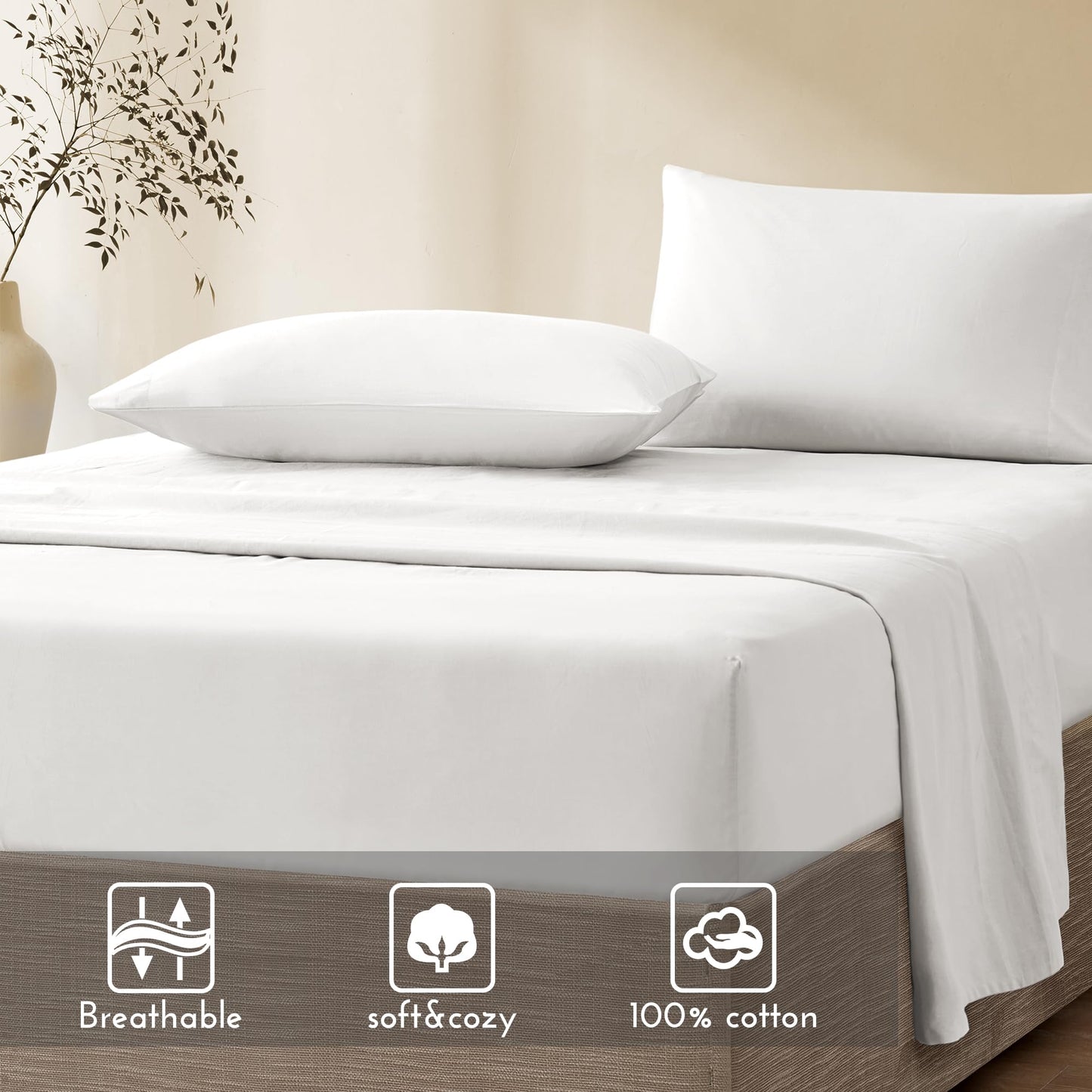 Comfort Spaces 100% Cotton Sheet Set Breathable, Lightweight, Soft with 14" Elastic Pocket Fits up to 16" Mattress, All Season Cozy Bedding, Matching Pillow Case, King White 4 Piece