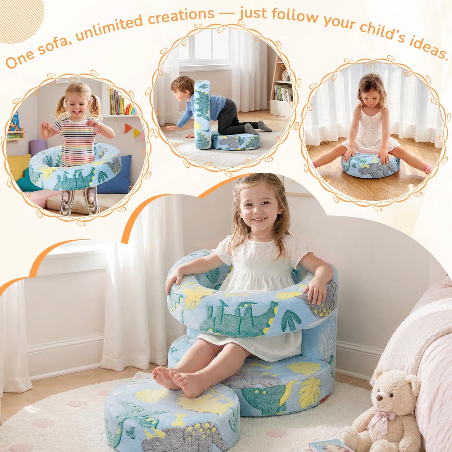 MeMoreCool Dinosaur Kids Chair, Flip-Open Kids Couch, Glow Print, Blue