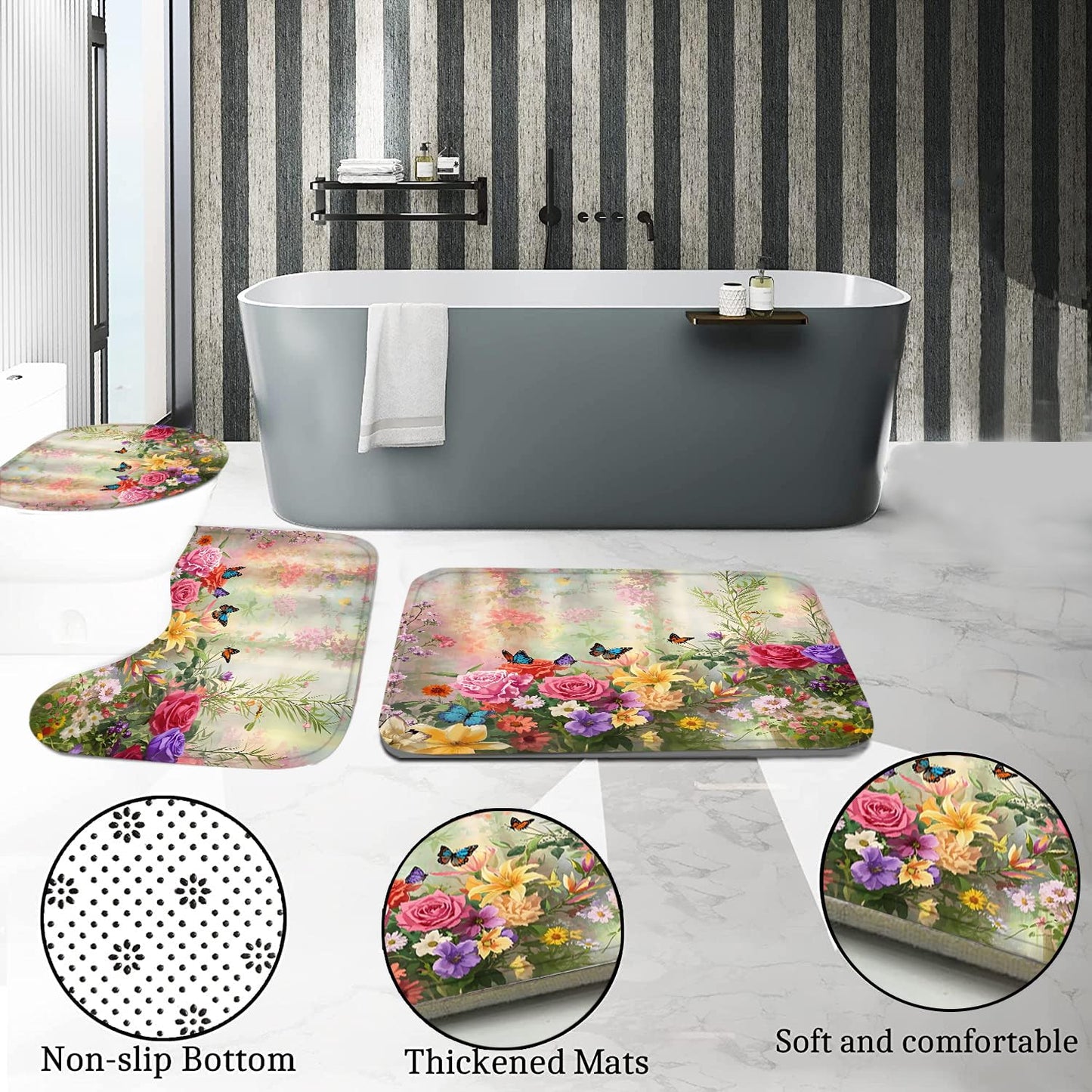 DDQQ 4-Piece Butterfly Floral Shower Curtain Set Botanical Aesthetic Flower Bathroom Set with Shower Curtain and Rugs, Cute Fun Decorative Bath Curtain with Hooks for Home Decor