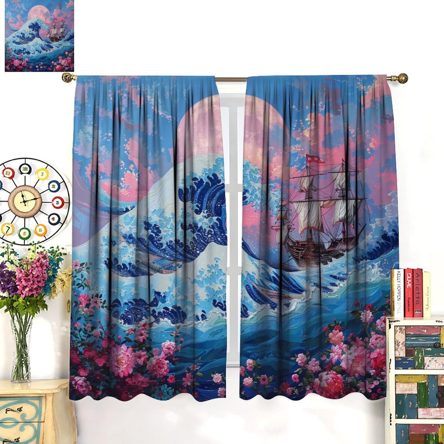 TOWINSFB Asian Sea Wave Blackout Curtains, Nautical Old Ship Floral Moon Home Decor Rod Pocket Window Drapes for Living Room Bedroom- 2 Panels, Each 21" W x 63" L