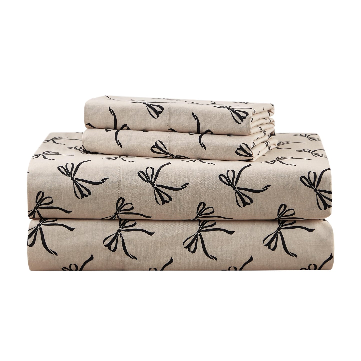 Comfort Spaces 100% Cotton Sheets Full, Breathable, Naturally Cool Cotton Sheets, Soft Cotton Bed Sheets with 14" Elastic Pocket Fits up to 16" Mattress, All Seasons Sheet Set, Bow Black/Taupe 4 Piece
