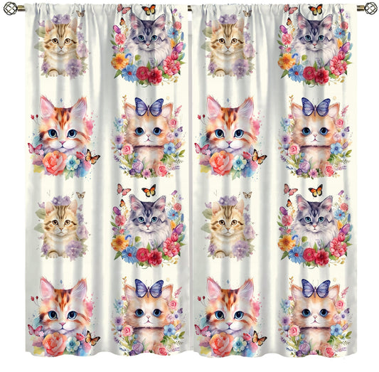 VUMIVI Watercolor Flower Cat Curtains Colorful Cartoon Cute Animals Butterflies Abstract Art Print Rod Pocket Window Treatments for Kids Boys Girls Bedroom Kitchen Living Dining Cafe 42" W X 44.5" L