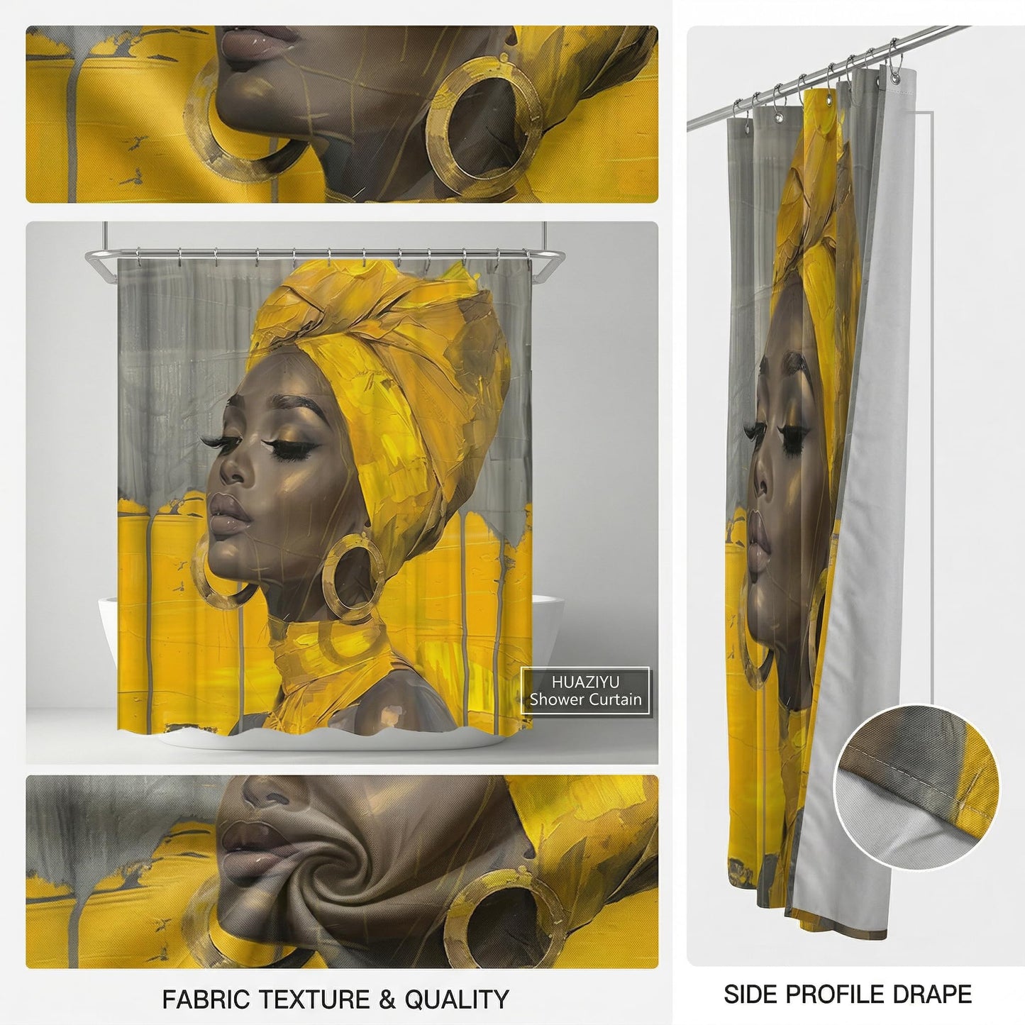 HUAZIYU Golden African Women Art Shower Curtain Set, Grey Yellow Fabric