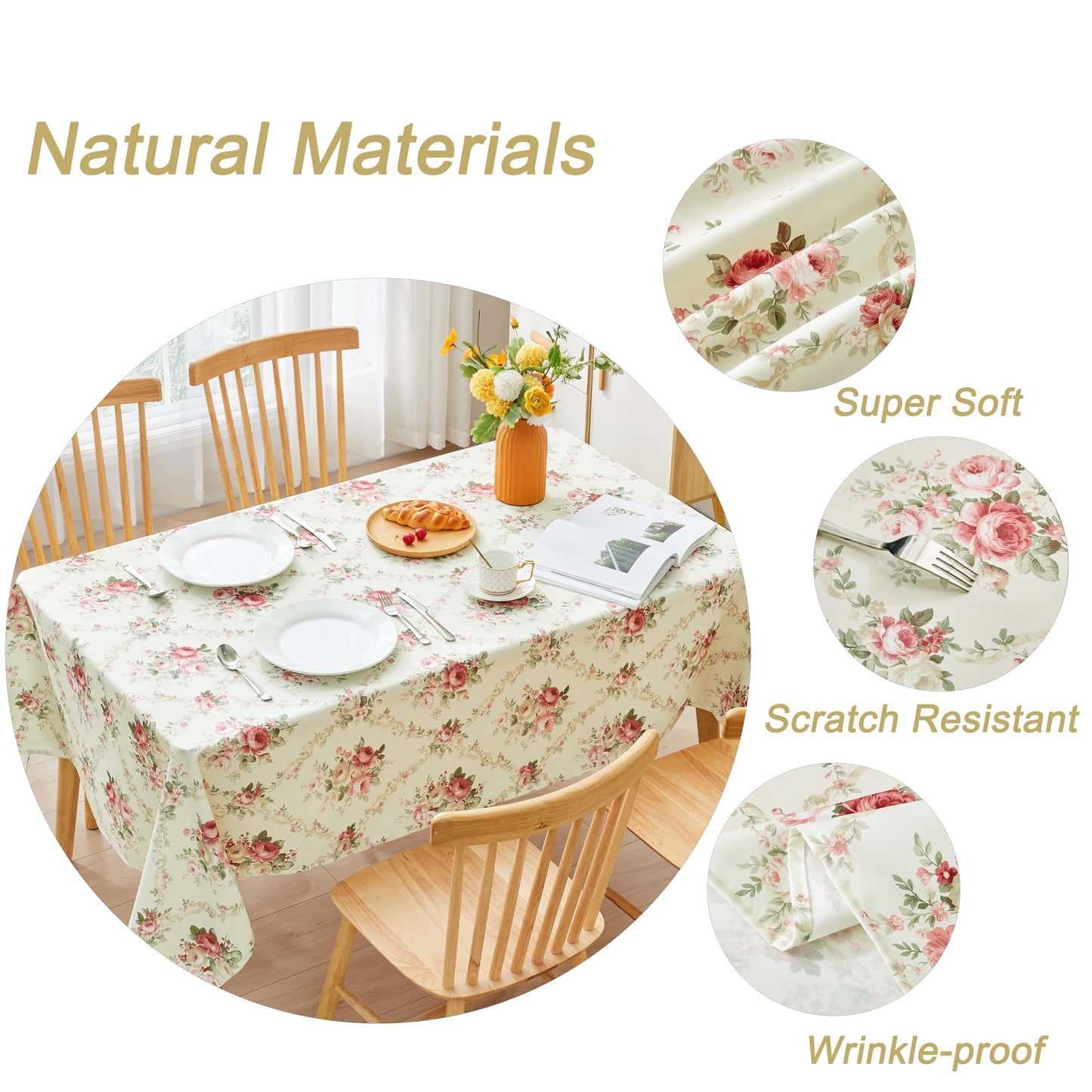 Qahing Vintage Floral Rectangle Tablecloth Shabby Chic Flower Table Cloth Spring Table Cover Waterproof for Dinner Kitchen Picnic, Pink, 60x84 Inches