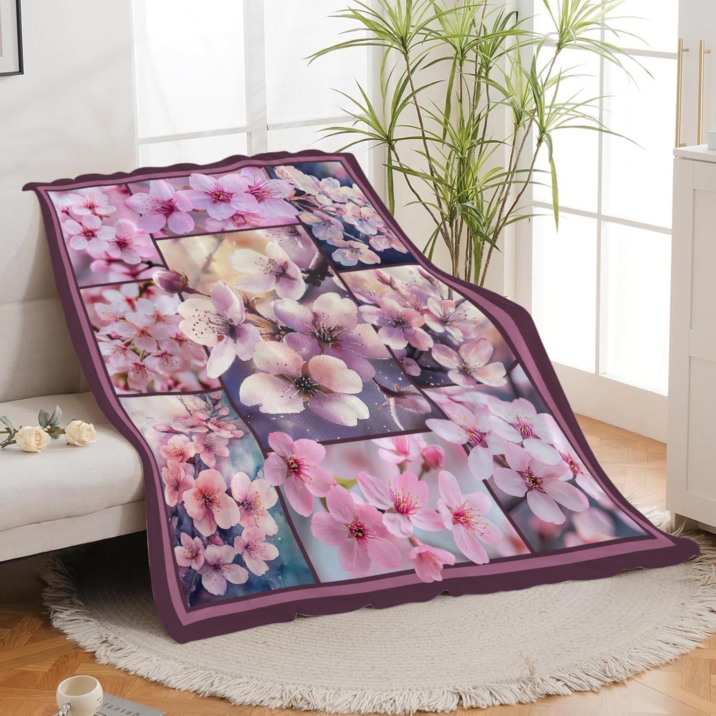Lovira Cherry Blossoms Throw Blanket Japanese Sakura Floral Print Throw Blankets Gifts for Couch Sofa Bed Stuff Decor Lightweight Soft Cozy Fleece Plush Flannel Bedding for Lover Men Women 40"x50"