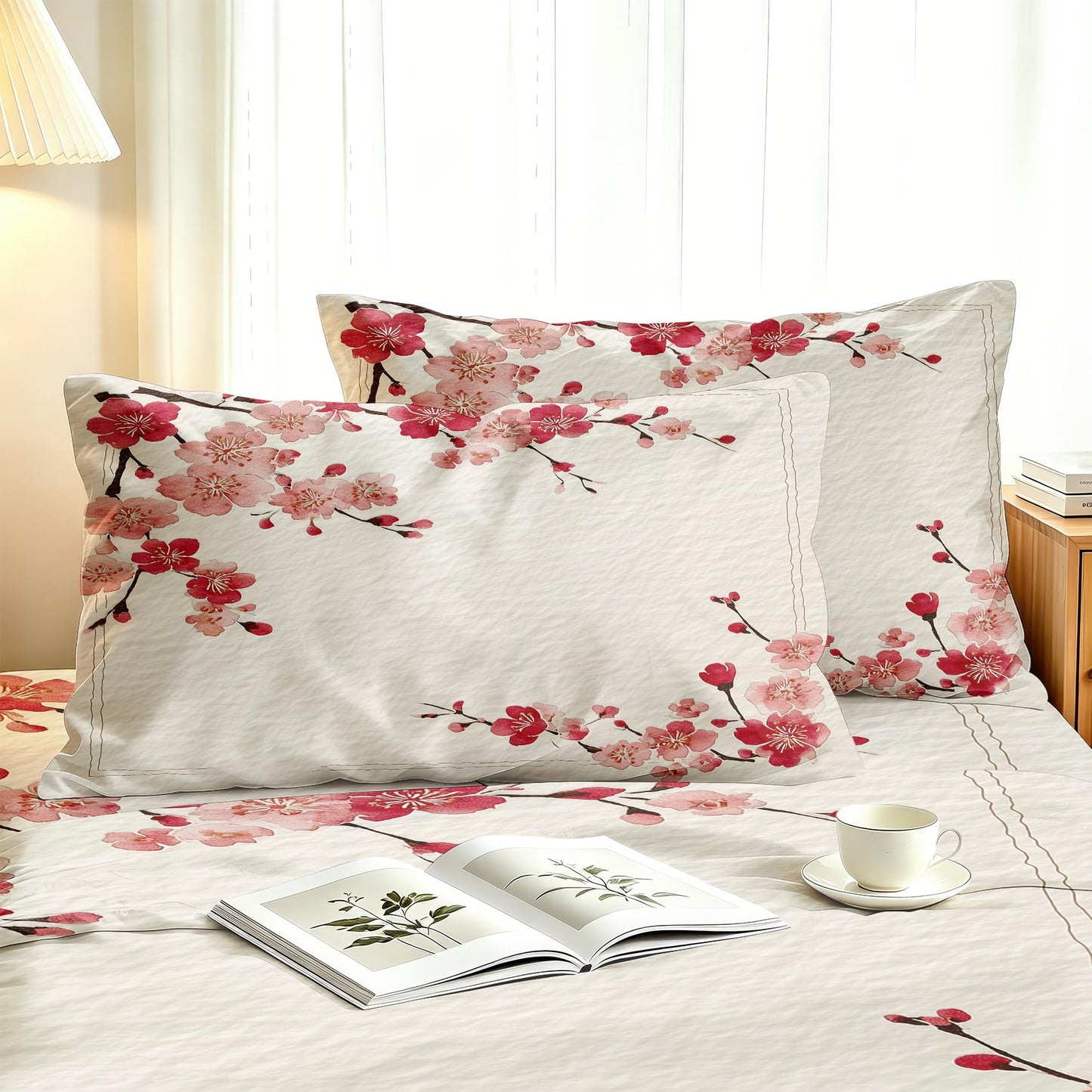 Cherry Blossom Full Sheet Set Japanese Red Flower Flat Fitted Sheet Sets