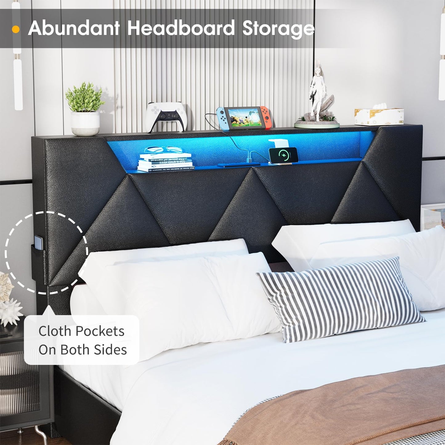Vabches Full Bed Frame with Storage Headboard and 4 Drawers,Upholstered Platform with Charging Station and Led Lights,Adjustable Headboard with Pu Leather,No Box Spring Needed,Black