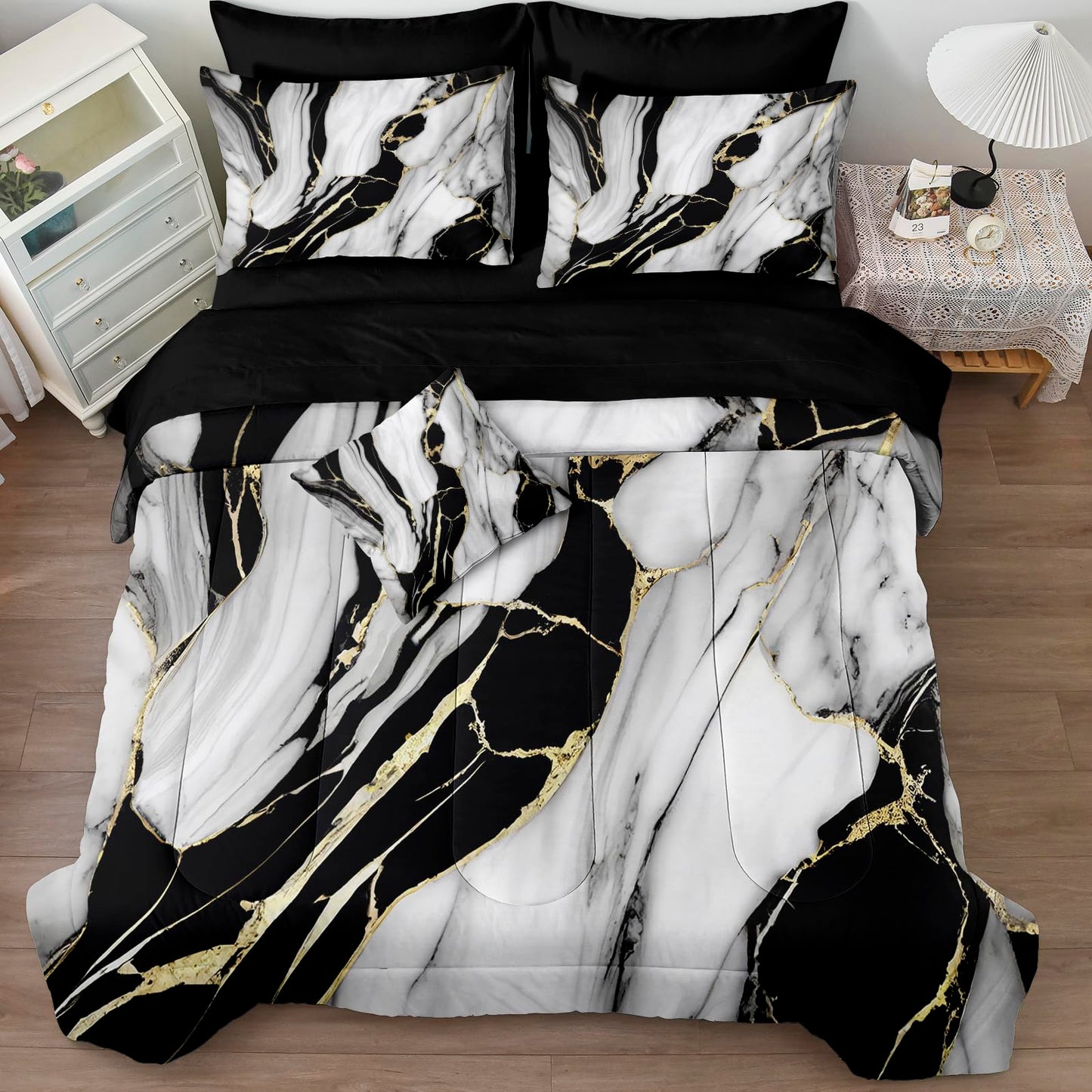 Bedbay Marble Bedding Queen Size Black and Gold Comforter Set 8 Pcs Queen Bed in a Bag Gold Metallic Marble Print Luxury Bedding 1 Comforter 4 Pillowcases 1 Flat Sheet 1 Fitted Sheet 1 Cushion Cover