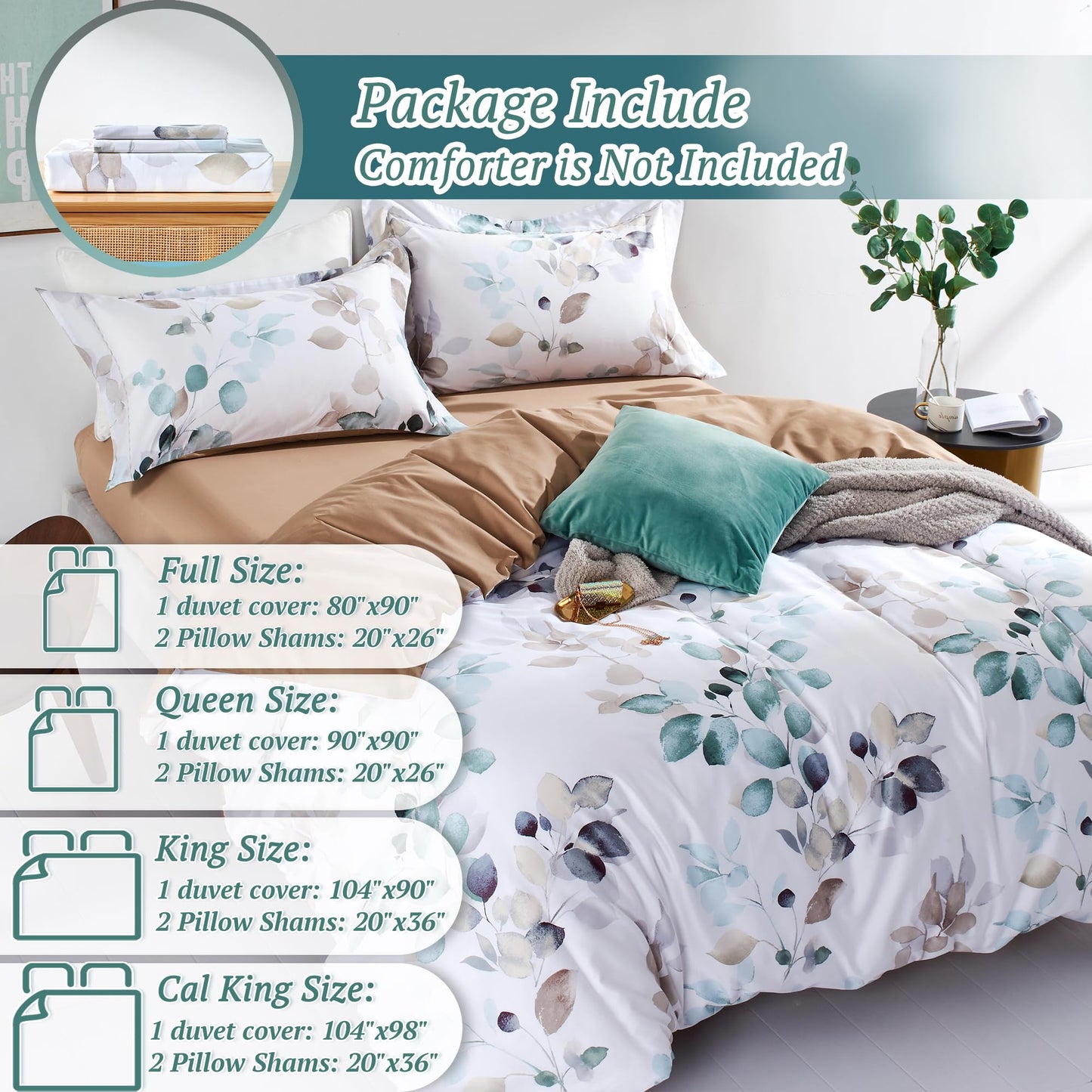 MILDLY Floral Duvet Cover Set - 100% Long-Staple Cotton Gradient Teal Leaves Pattern Comforter Cover 3pcs Soft Breathable Luxury Bedding for All Season