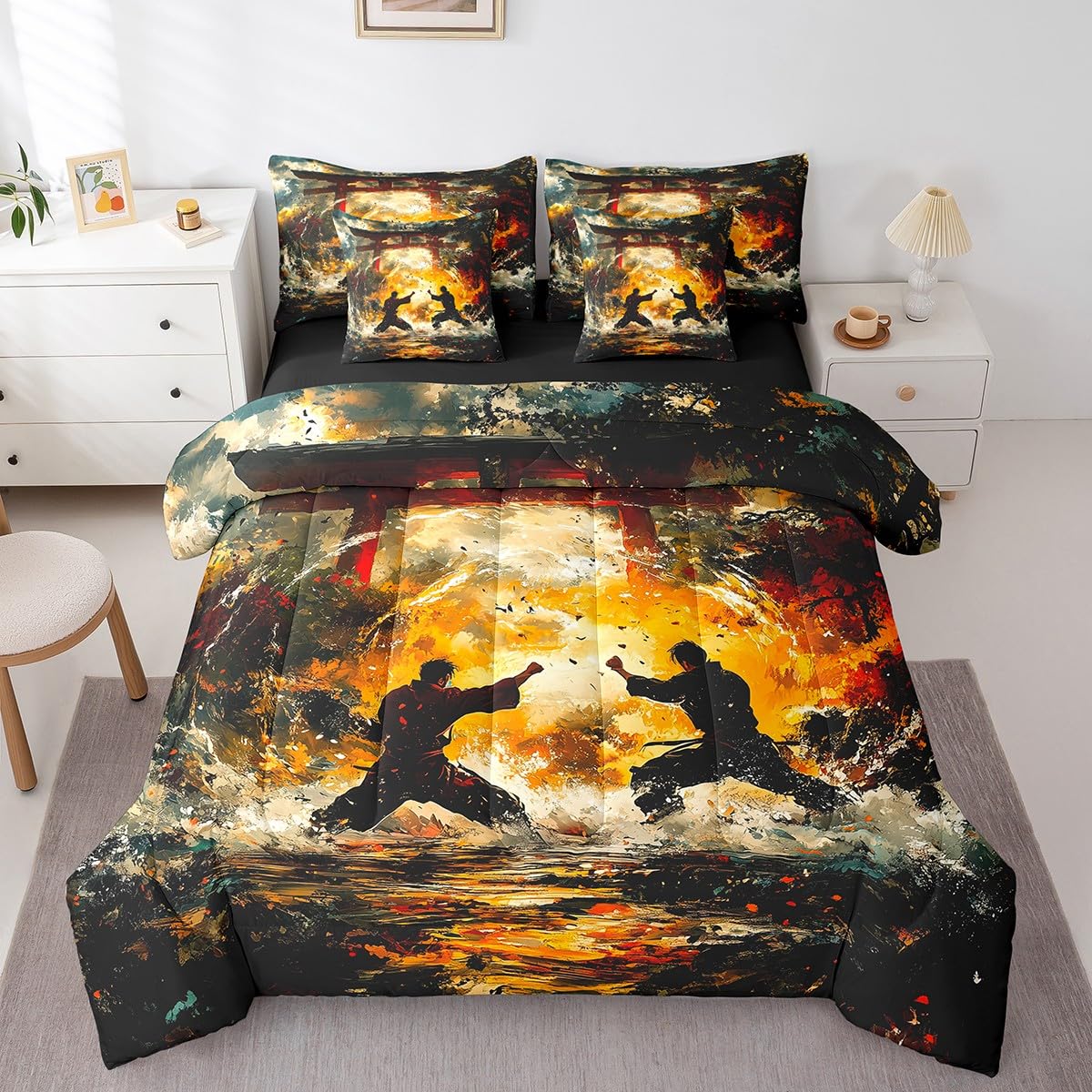 Feelyou Kids Taekwondo 7 Pieces Bedding Set Queen Size, Japanese Style Comforter Set with Sheets Samurai Bed in A Bag Boys Girls Kungfu Teens Bed Set Bedroom Decor 7Pcs