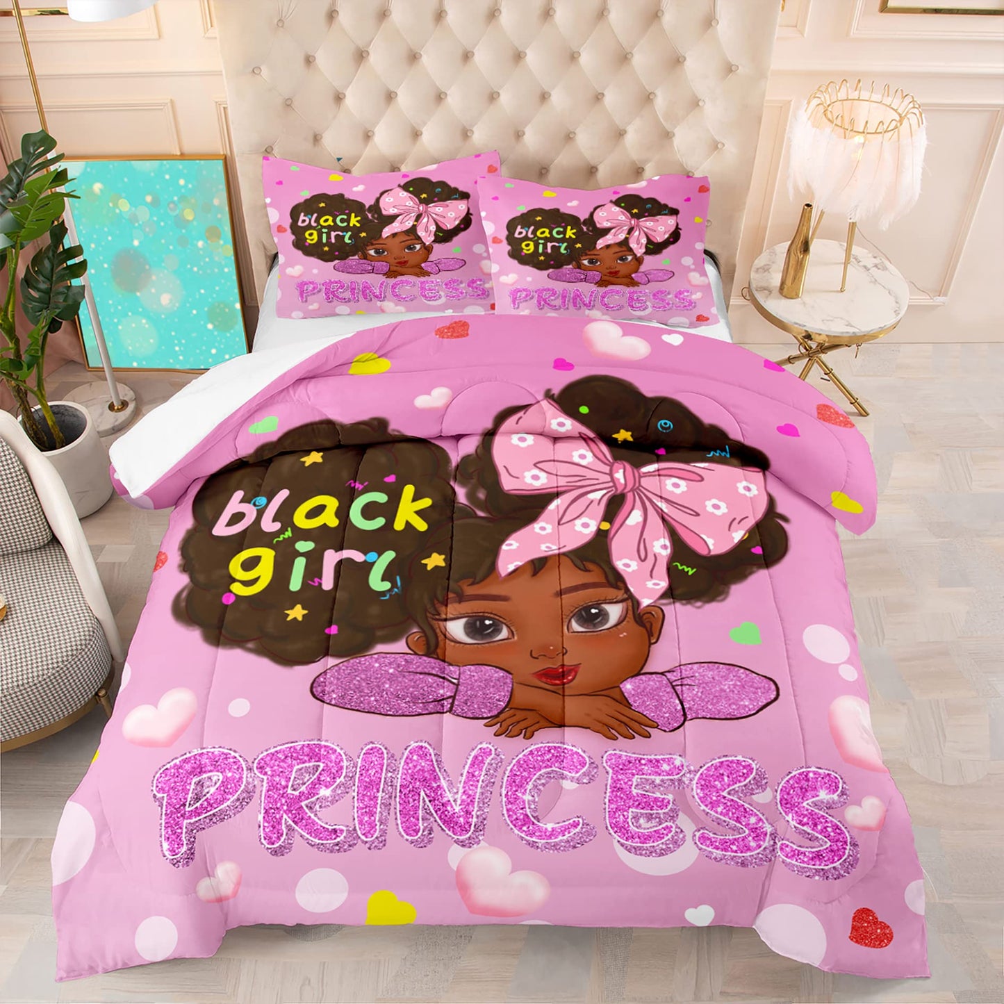 Jiospet Black Girl Full Size Comforter Sets for Girls-Black African Girls Bedding Sets Pink Princess Full Size Comforters Sets Kids Room, Full (1 Comforter 2 Pillowcases)