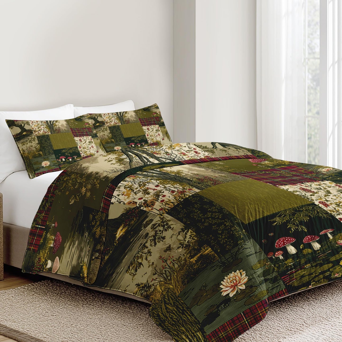 Botanical Patchwork Duvet Cover King Size Spring Floral Bedding, Green Red Rustic Comforter Cover Set Microfiber 3pcs Washed Comfy Breathable with 2 Pillow Shams & Zipper Closure, 104"x90"