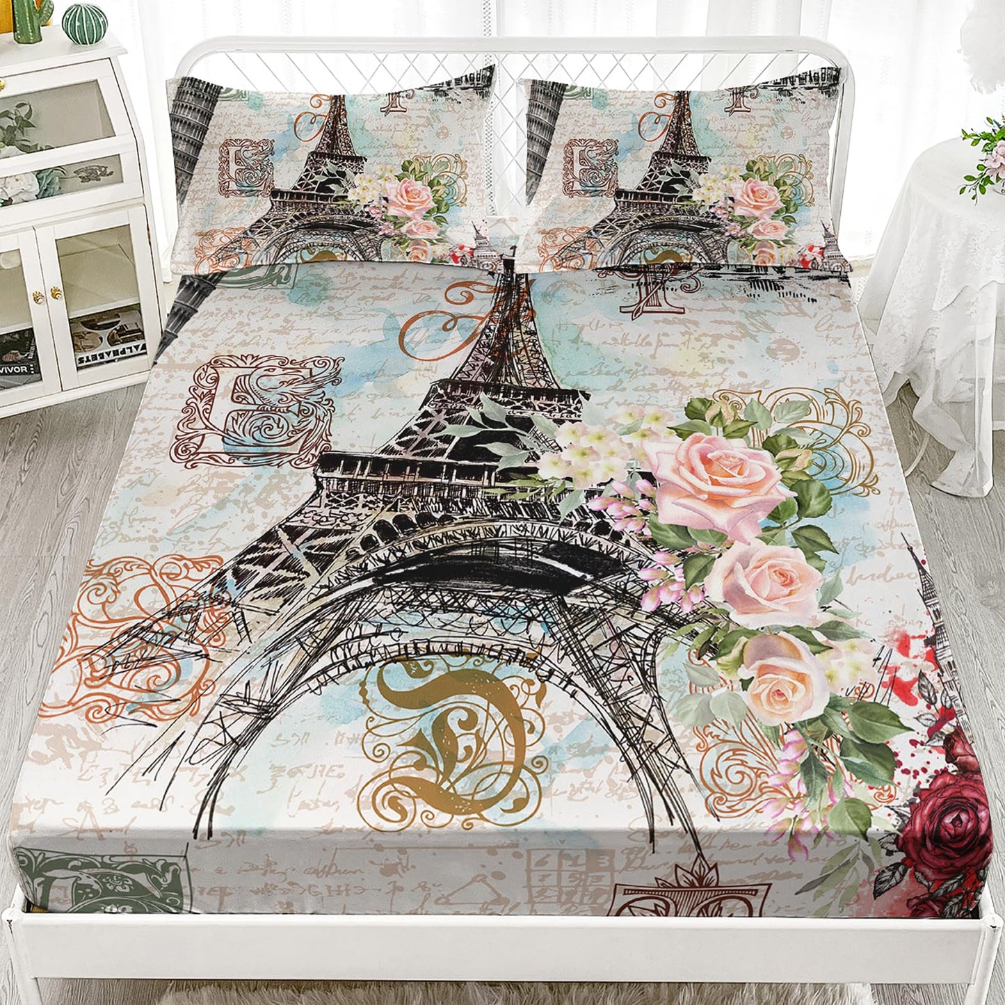 Nttopship Romantism 4 Pieces Bed Sheets Soft Microfiber,Eiffel Tower Bedding Set Fitted Sheet Deep Pockets Top Flat Sheet Room Decor Romantic Floral Queen Size with 2 Pillowcases for Girls and Boys