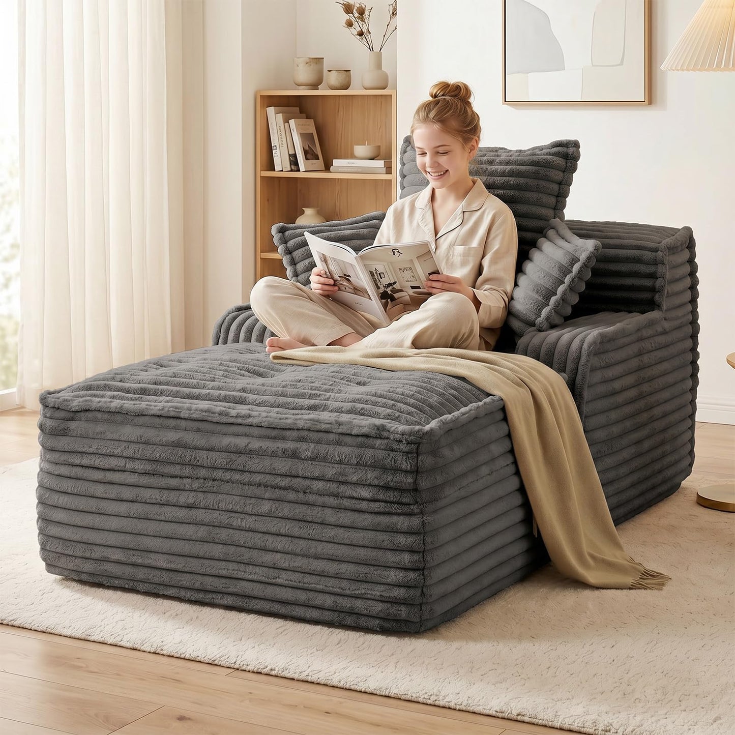 Ziydily 57 Inch Chaise Lounge Chair Indoor, Corduroy Upholstered Boneless Sofa Bed, Deep Seat Sleeper Couch Reading Chairs, Small Comfy Cloud Sofas Couches for Living Room, Bedroom, Grey