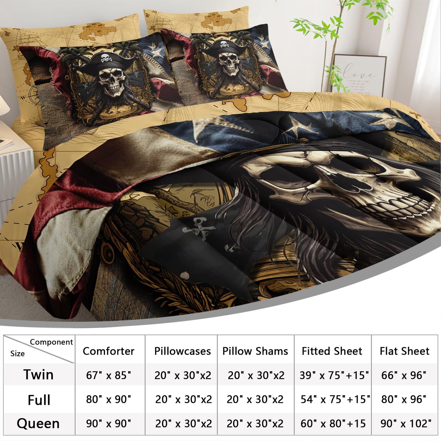 AILONEN Pirate Skull Comforter Set Queen Size,7-Piece Soft Bed in a Bag,Retro American Flag Captain Skull Comforter & Fitted Sheet & Flat Sheet & 2 Pillowcases,2 Pillow Shams