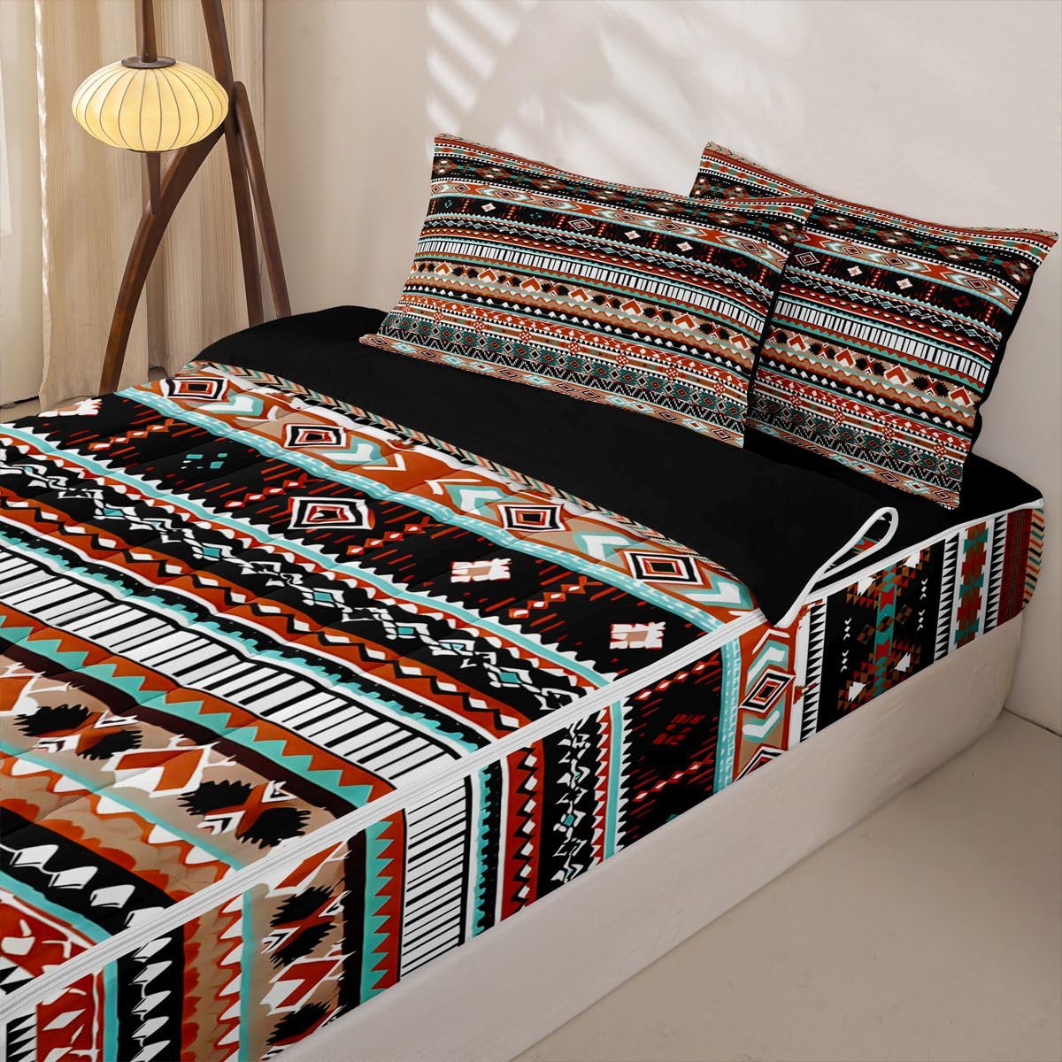 Western Zipper Bedding Queen Ethnic Tribal Arrow Zip Up Bedding Set Vintage Exotic Geometric Triangle Bed in a Bag African Indian Tribal Sriped Boho Comforter with Fitted Sheet and 2 Pillowcases