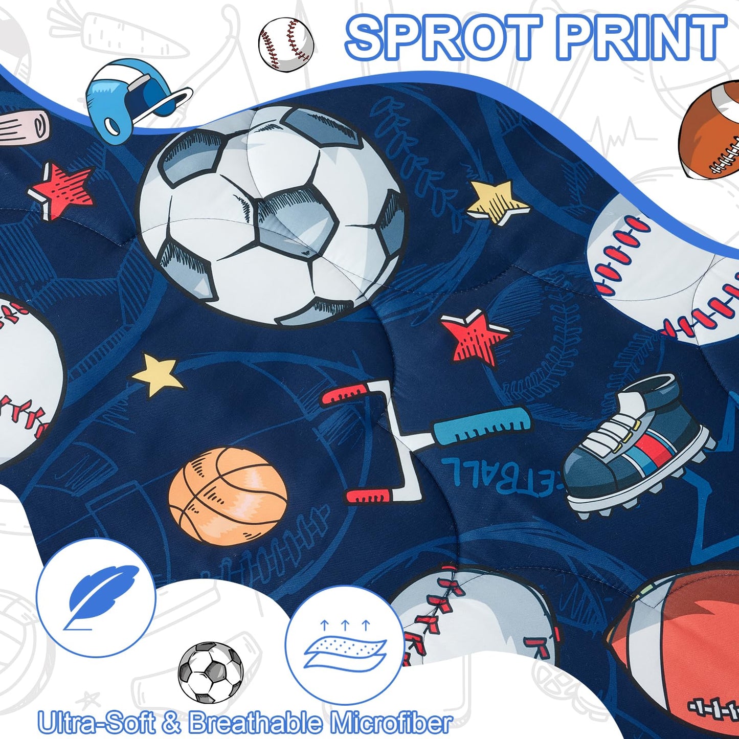 Jameswish 7 Pieces Sports Comforter Set for Boys Kids Soft Fluffy Baseball Bedding Set Full Size with 3D Soccer Basketball Football Design Bed in A Bag as Gifts