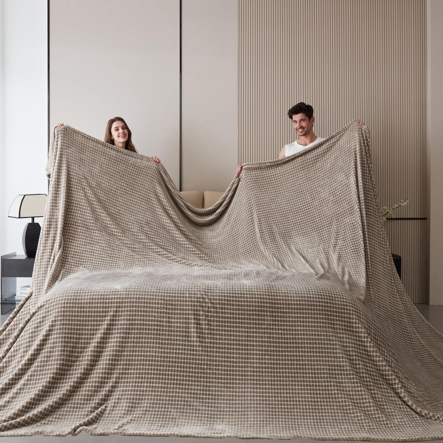 Oversized King Fleece Blanket 120x138 Inches, Seamless Soft Cozy 3D Jacquard Flannel Blanket 10'x11.5' Extra Large for Bed, Sofa, Travel & Camping, California King Throw, Taupe - Oval Pattern