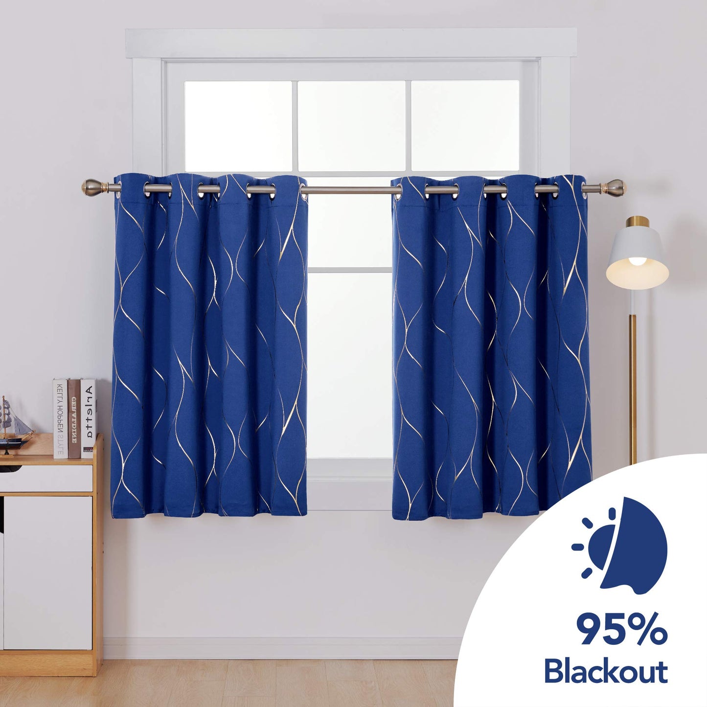 Deconovo Royal Blue Blackout Curtains 2 Panel Set for Bedroom, Thermal Insulated Grommet Room Darkening Window Drapes for Living Room, Gold Line Foil Print, 52W x 45L Inch