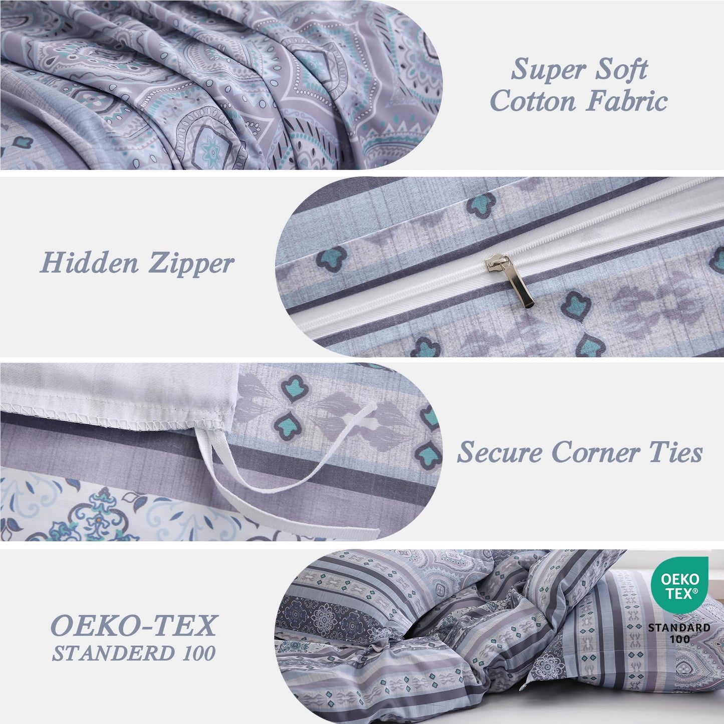 Ocharo Boho Duvet Cover King Size 100% Cotton,Reversible Duvet Cover Set with Bohemian Floral Striped Printed,Soft 3 Pieces Paisley Pattern Duvet Bedding Cover Set with 2 Pillow Shams,Grey Purple