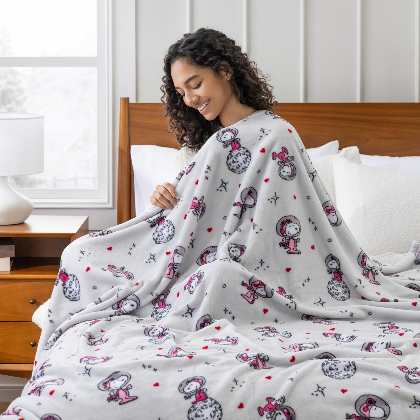 Berkshire Peanuts® VelvetLoft® Cute Character Snoopy Plush Throw Blanket,Over the Moon for You Light Grey,Throw 55 in x 70 in (Official Peanuts® Product)