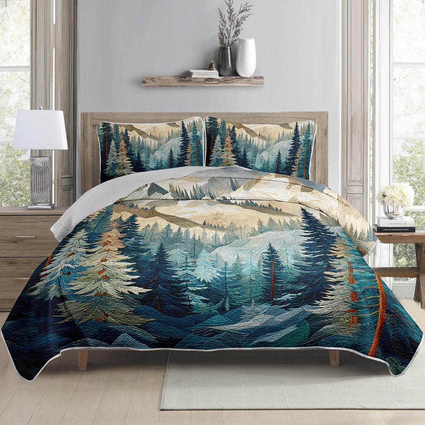 AILONEN Queen Bedspread Coverlet,Mountain Forest Pine Tree Textured Landscape Blue Green Bedding Quilt,2 Pillowcases,Lightweight Microfiber