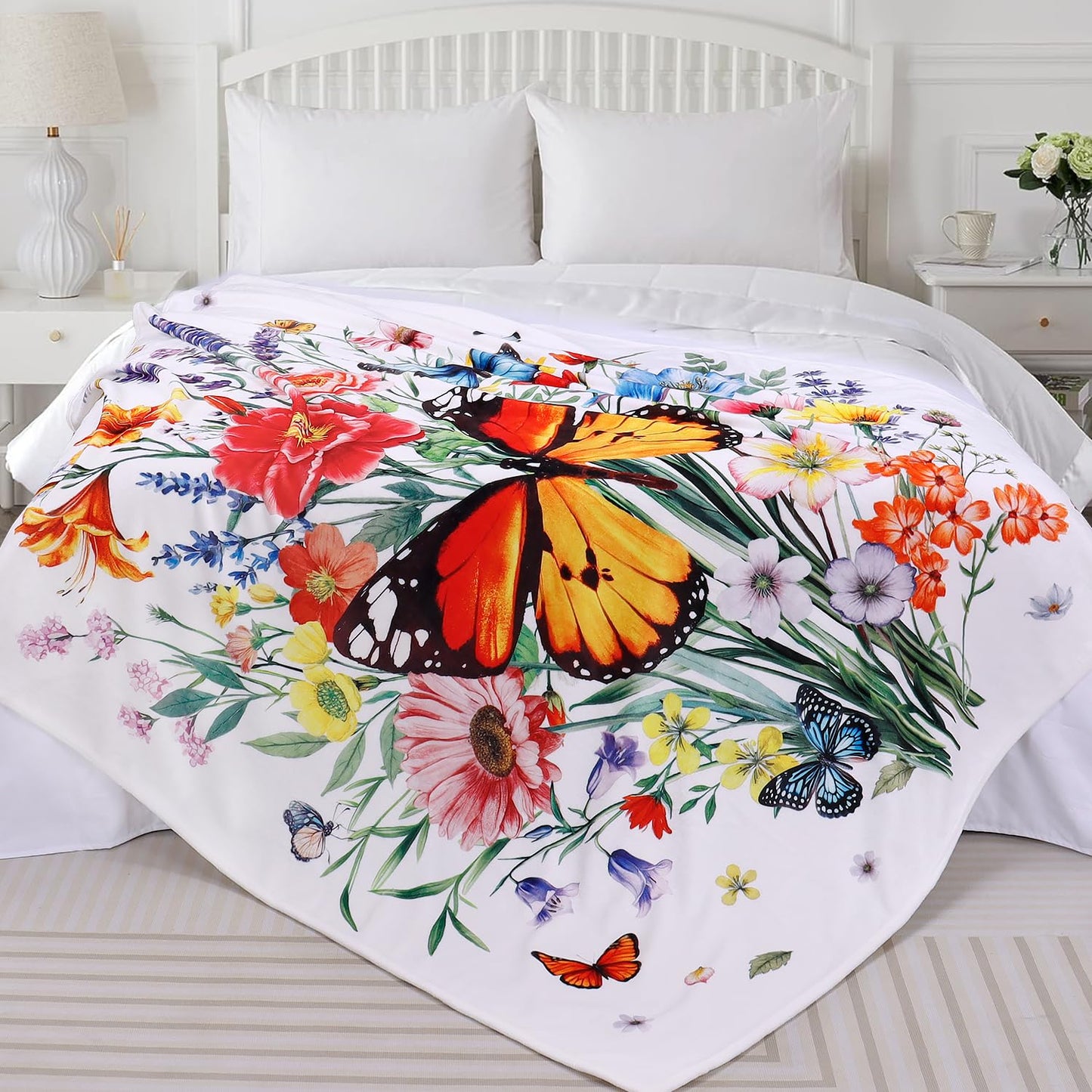 Floral Blanket Ultra Soft Butterfly Flowers Throw Blankets Wildflower Leaves Flannel Fleece Throw Watercolor Warm Cozy Fuzzy Plus Gift Cabin Blanket for Bed Sofa,60" X 80"